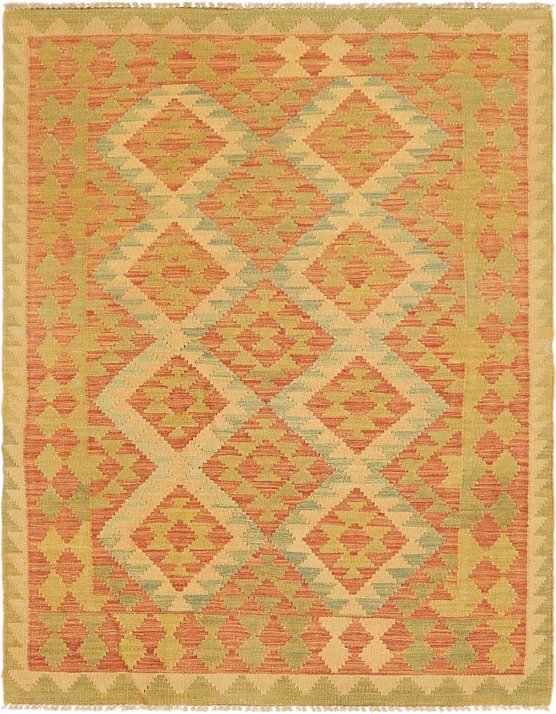 A 3x5 rectangular Kilim Waziri rug featuring a Southwestern geometric pattern in shades of orange, red, and light green.