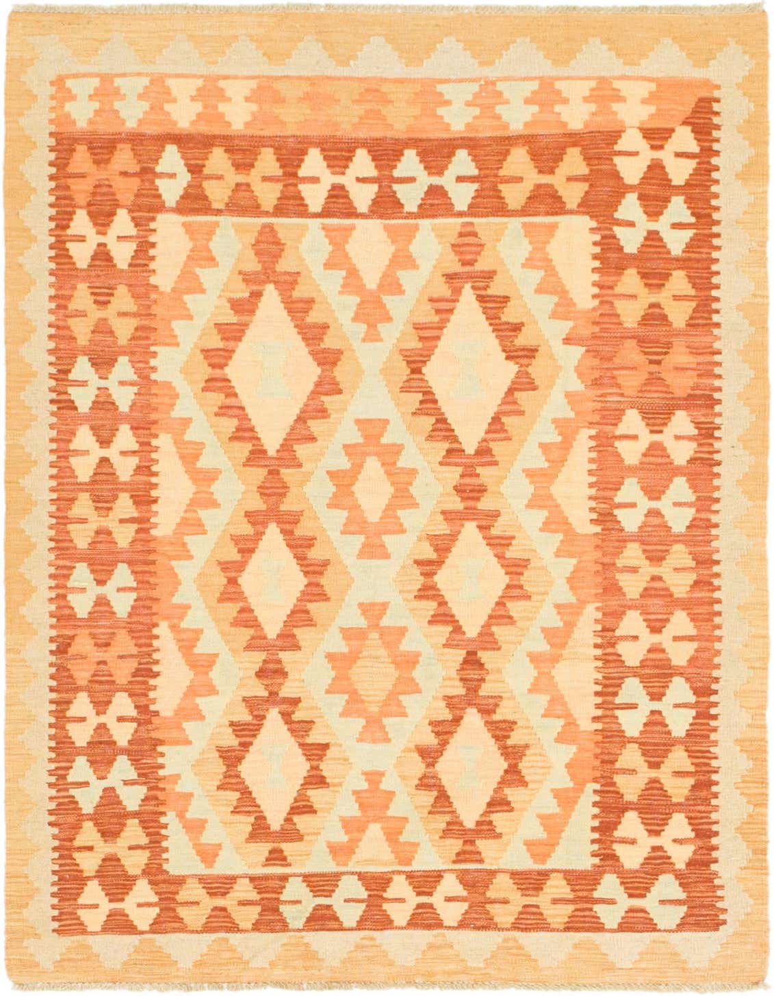 A 3x5 rectangular Kilim Waziri rug featuring a traditional tribal pattern in shades of orange, red, and cream.