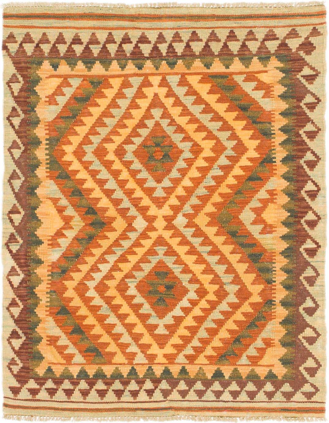 A 3x4 rectangular Kilim Waziri rug featuring a tribal medallion pattern in oranges, reds, and subtle greens on a flatweave wool.