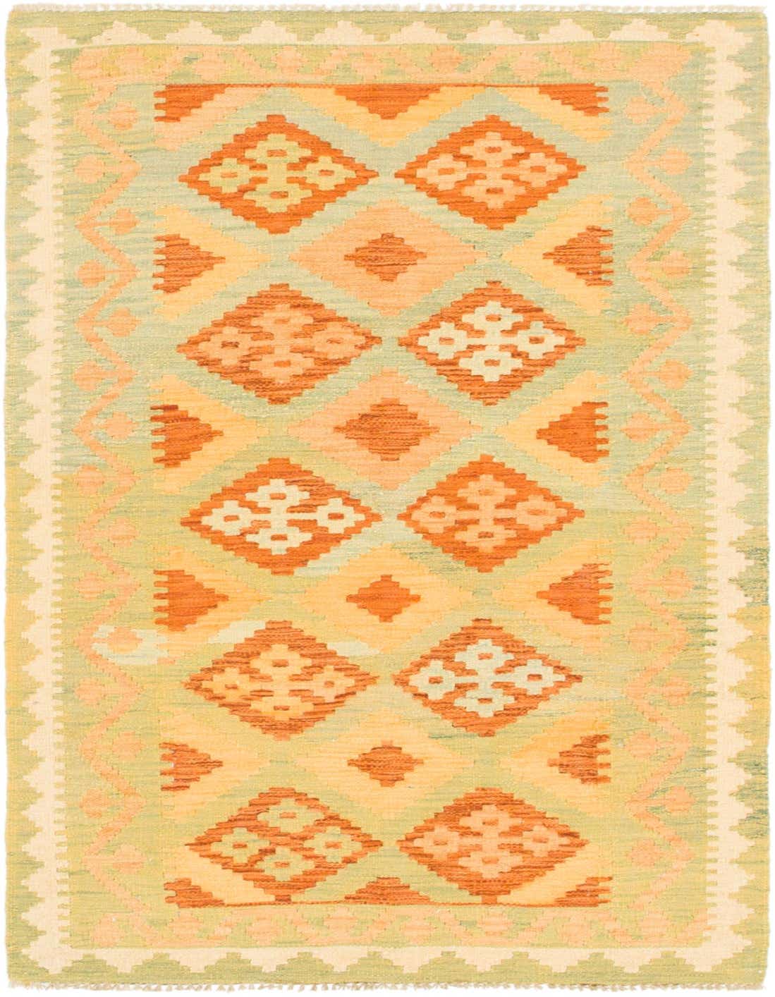 A 3x5 rectangular Kilim Waziri rug featuring a tribal pattern in shades of orange, red, and light green.