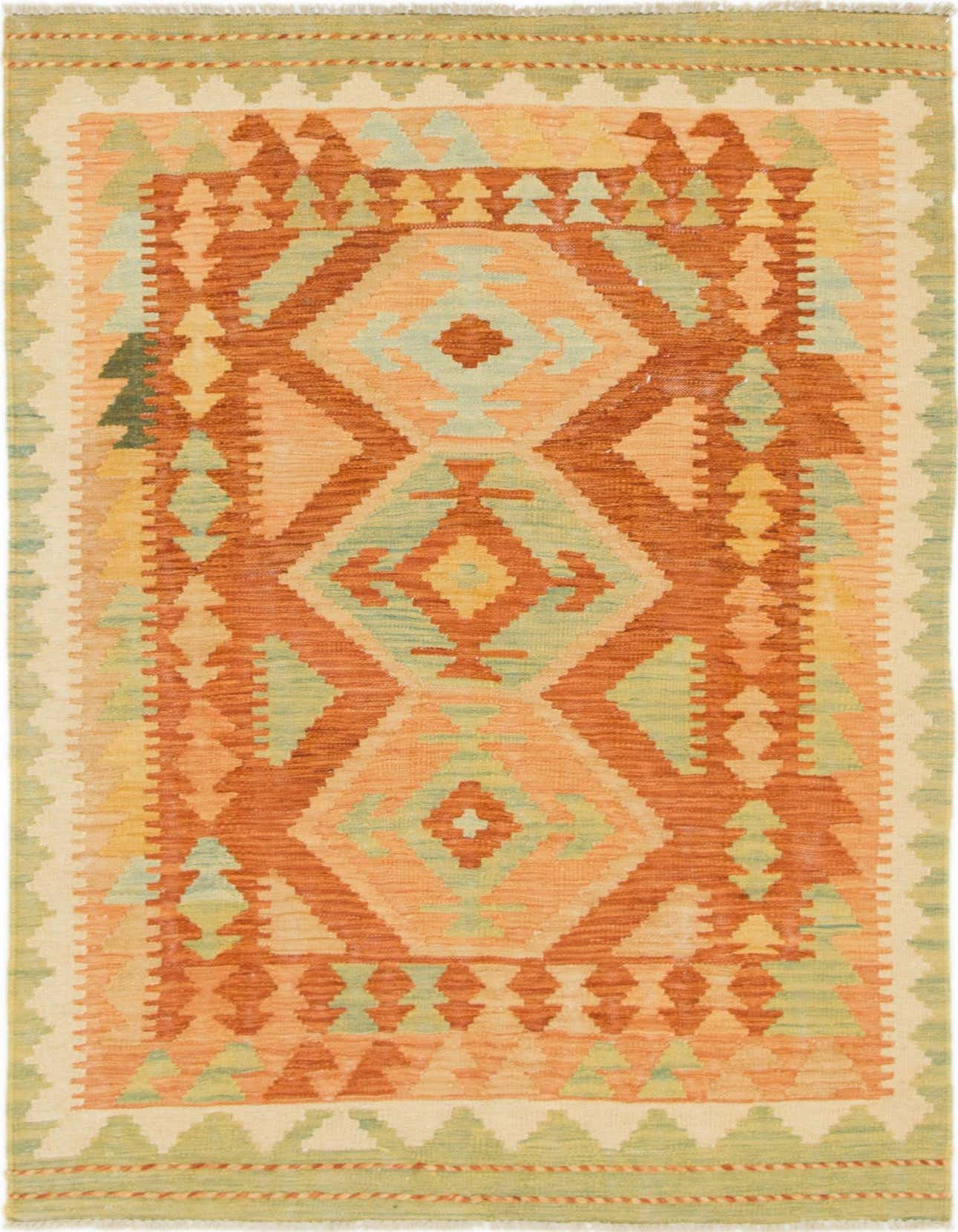 A 3x5 rectangular Kilim Waziri rug featuring a Southwestern tribal pattern in shades of orange, red, and light green.