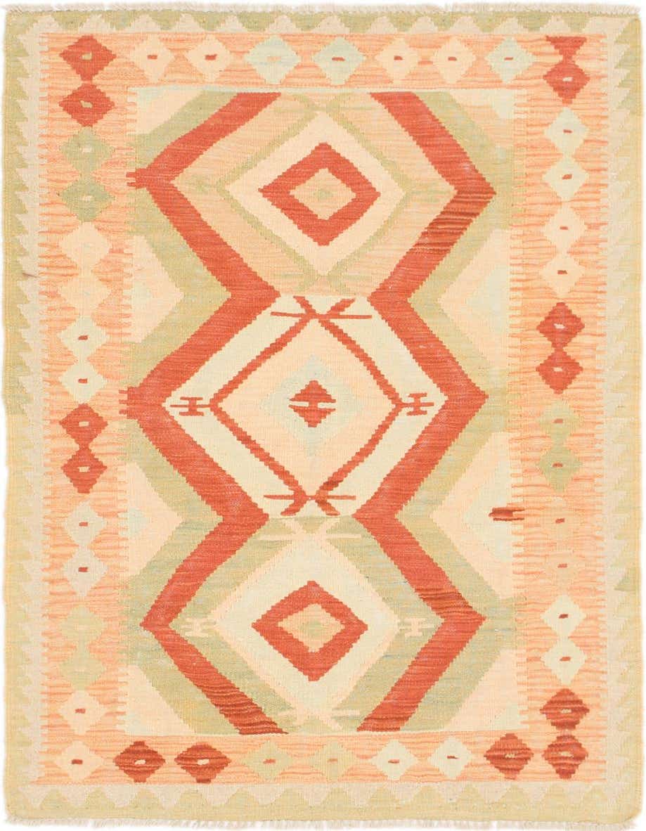 A 3x4 rectangular Kilim Waziri rug featuring a tribal medallion pattern in shades of orange, red, and cream.