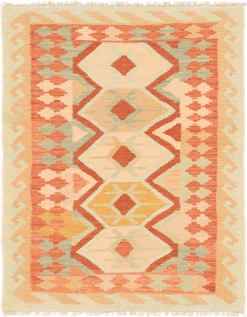 A 3x4 rectangular Kilim Waziri rug featuring a tribal geometric pattern in shades of orange, red, and light blue on a cream background.
