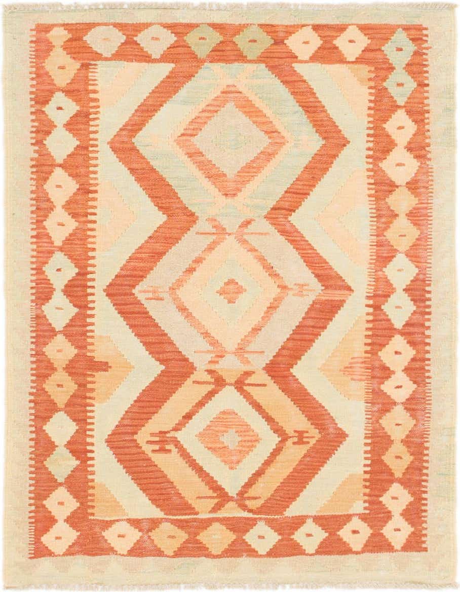 A 3x4 rectangular Kilim Waziri rug featuring a tribal medallion pattern in shades of orange, red, and cream.