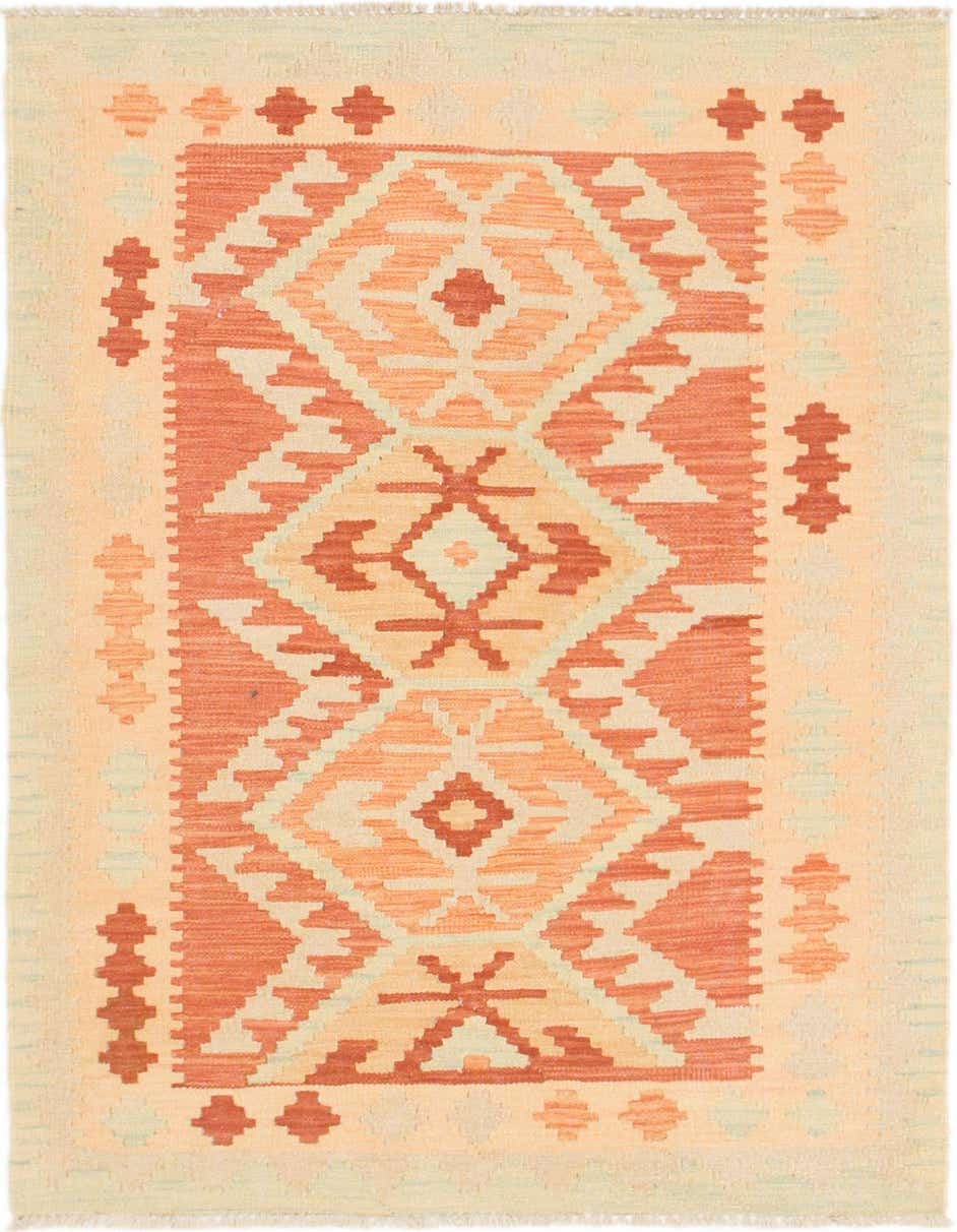 A 3x4 rectangular Kilim Waziri rug featuring a tribal medallion pattern in shades of orange and red on a light background.