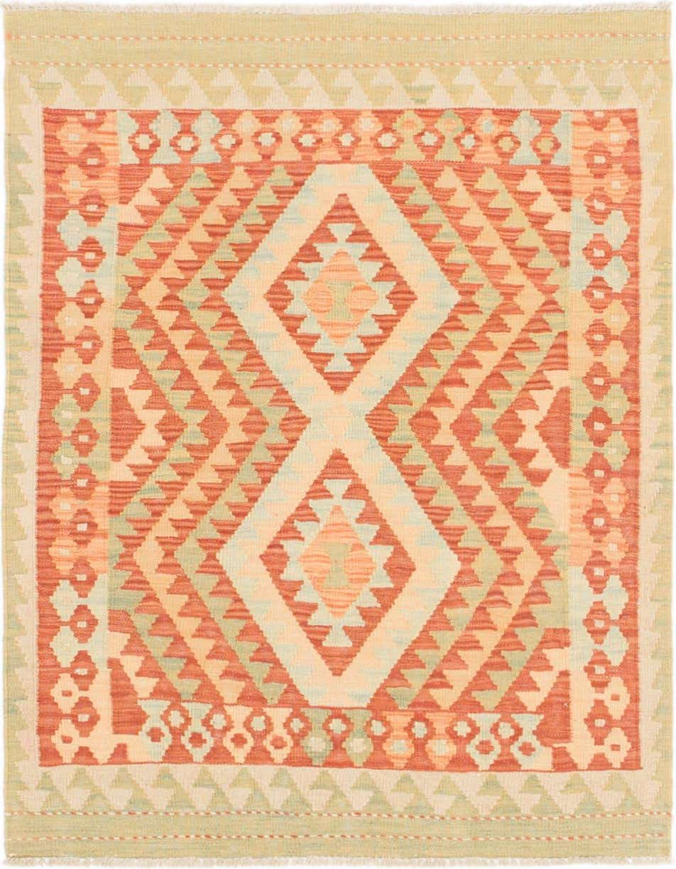 A 3x4 rectangular Kilim Waziri rug featuring a tribal medallion pattern in shades of orange, red, and cream.
