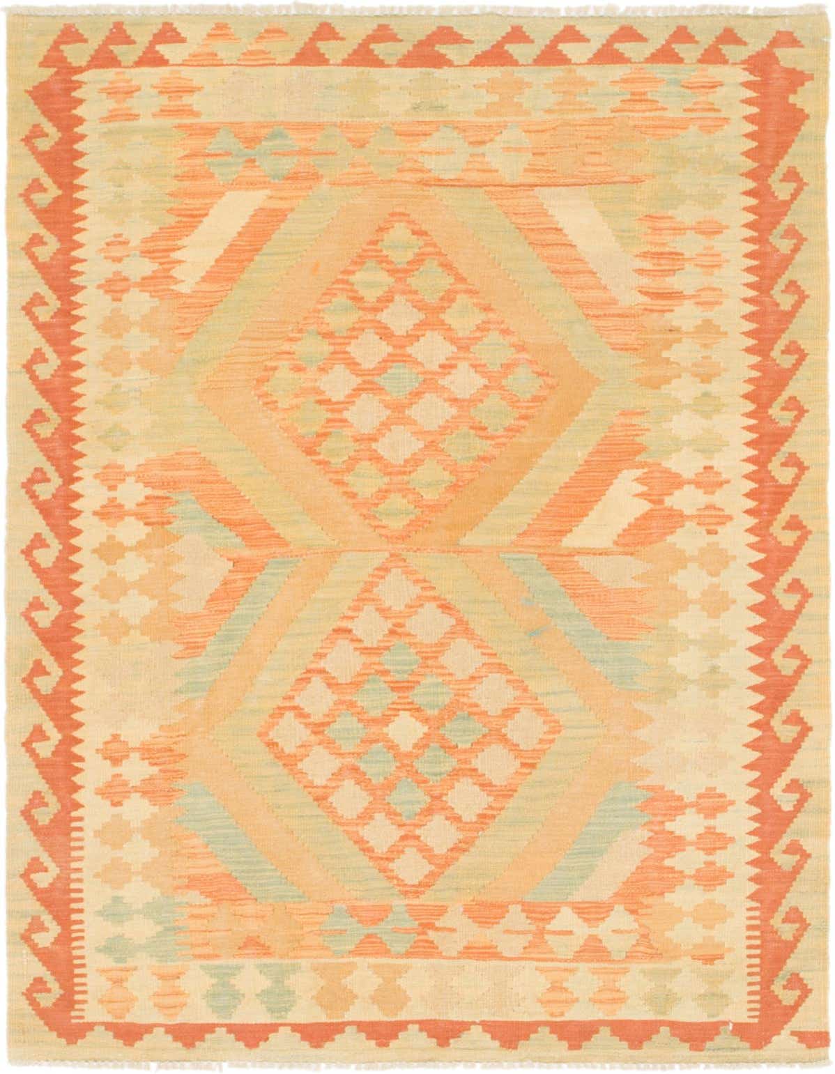 A 3x5 rectangular Kilim Waziri rug featuring a traditional Southwestern tribal medallion pattern in oranges, reds, and cream.