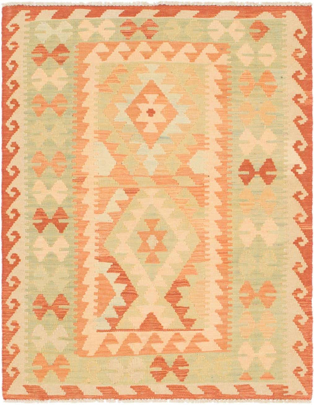 A 3x4 rectangular Kilim Waziri rug featuring a traditional tribal medallion pattern in shades of orange, red, and light green.
