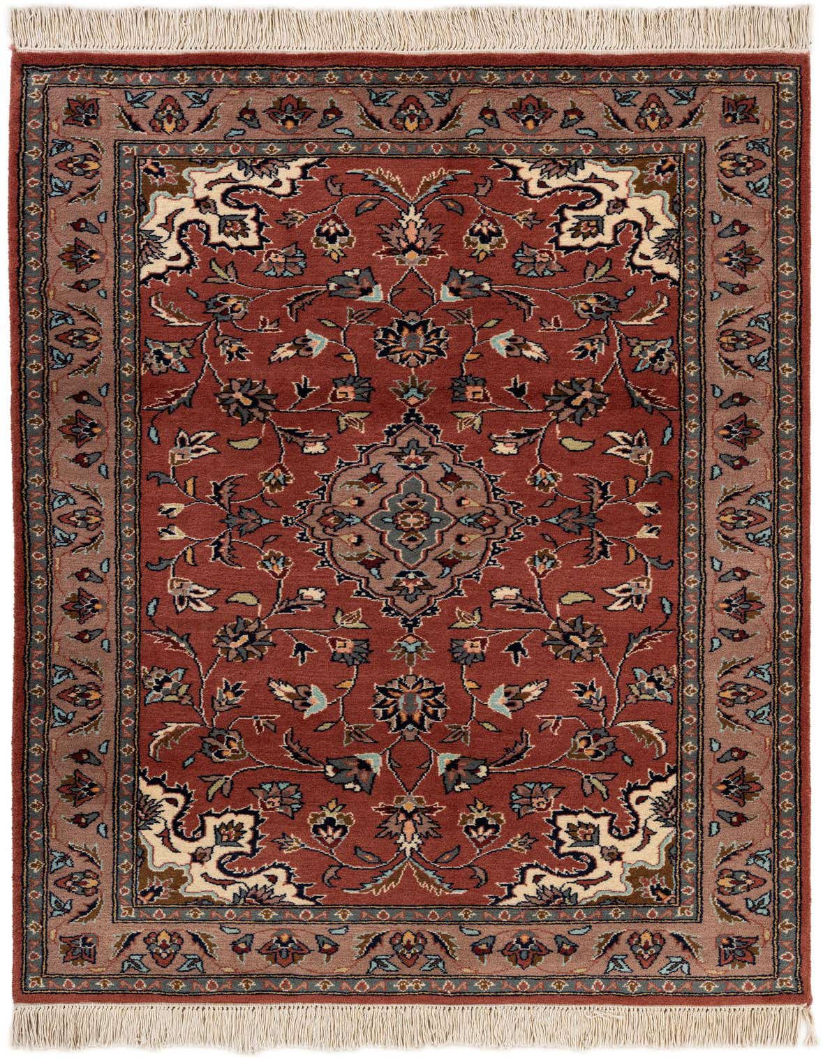 A 4x6 rectangular Lahour rug with a traditional Oriental medallion pattern in shades of orange, red, and blue, featuring a detailed border and fringe.