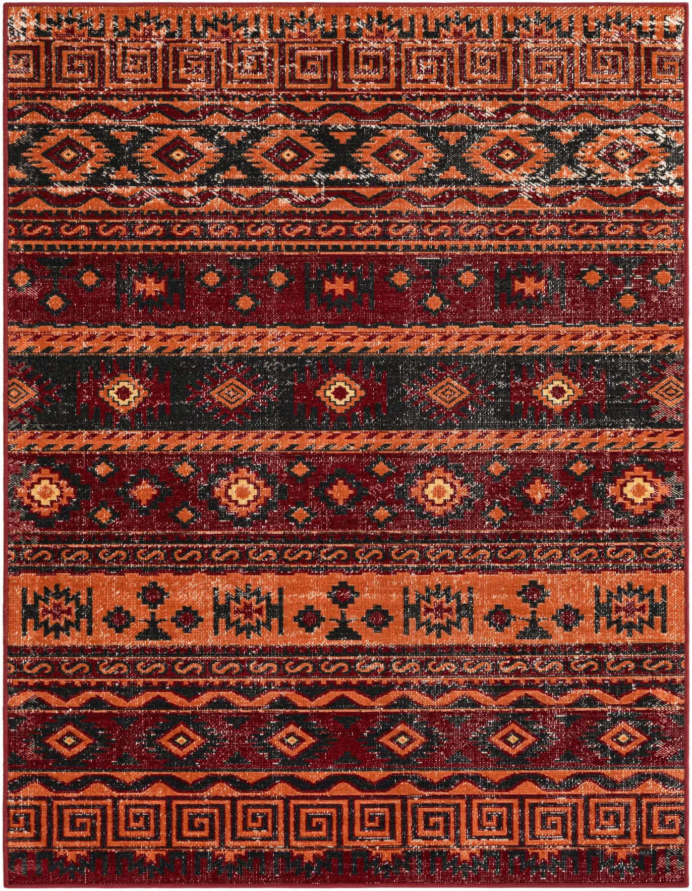 A 4x6 rectangular Lucerne rug featuring bohemian and tribal stripe patterns in shades of orange, red, and black.