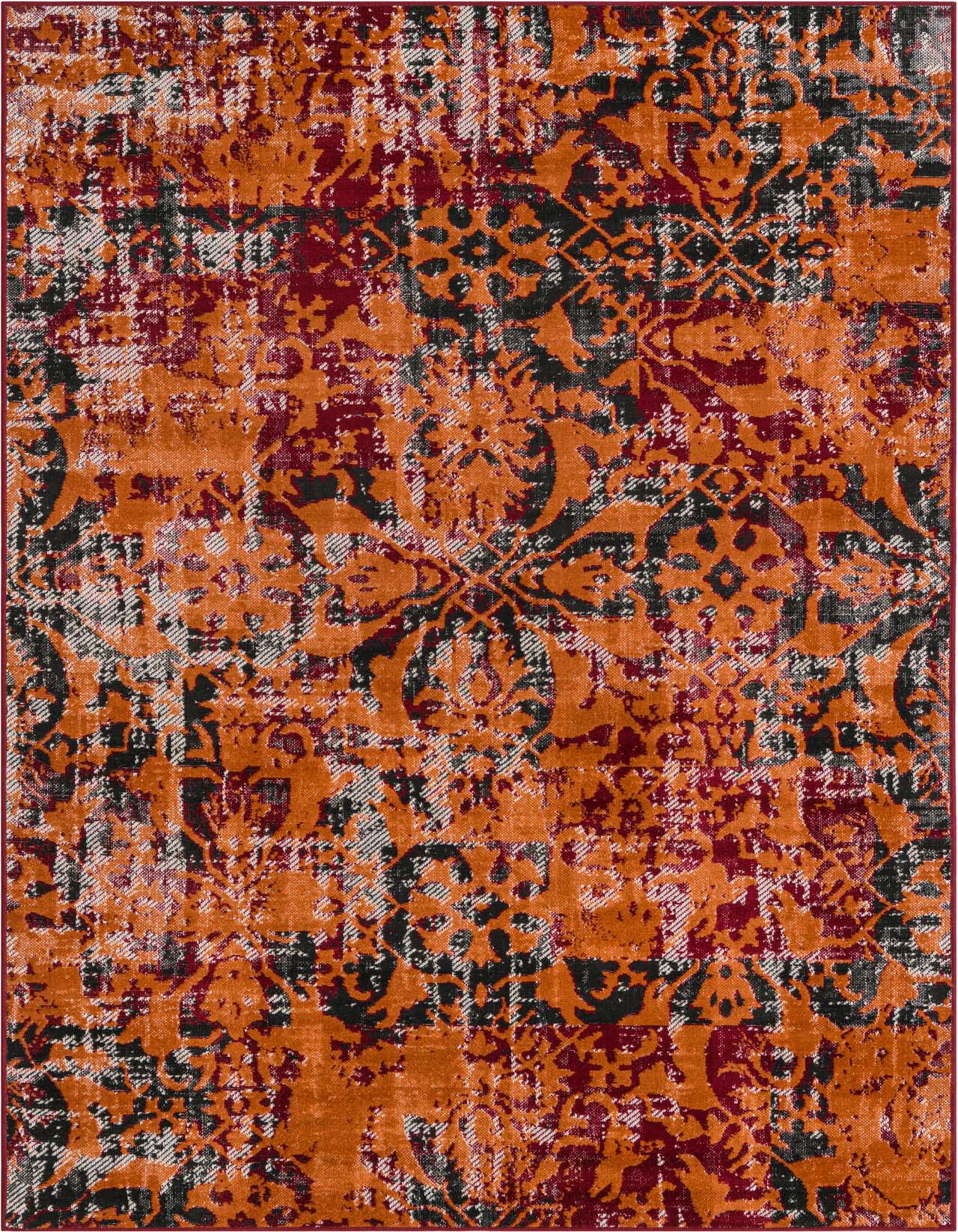 A rectangular 5x8 orange and red Bohemian rug with a distressed floral pattern and textured pile.