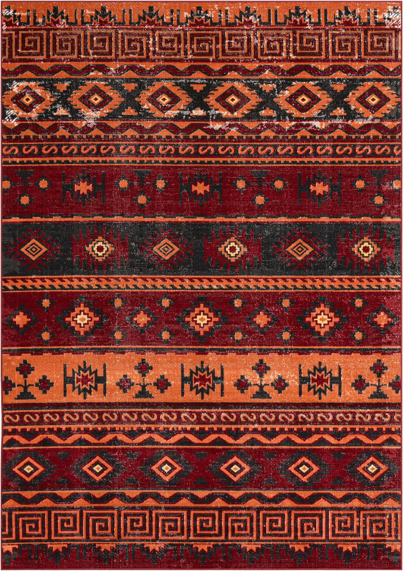 A 7x10 rectangular Lucerne rug featuring a vibrant Southwestern pattern in oranges, reds, and black, ideal for a living room.