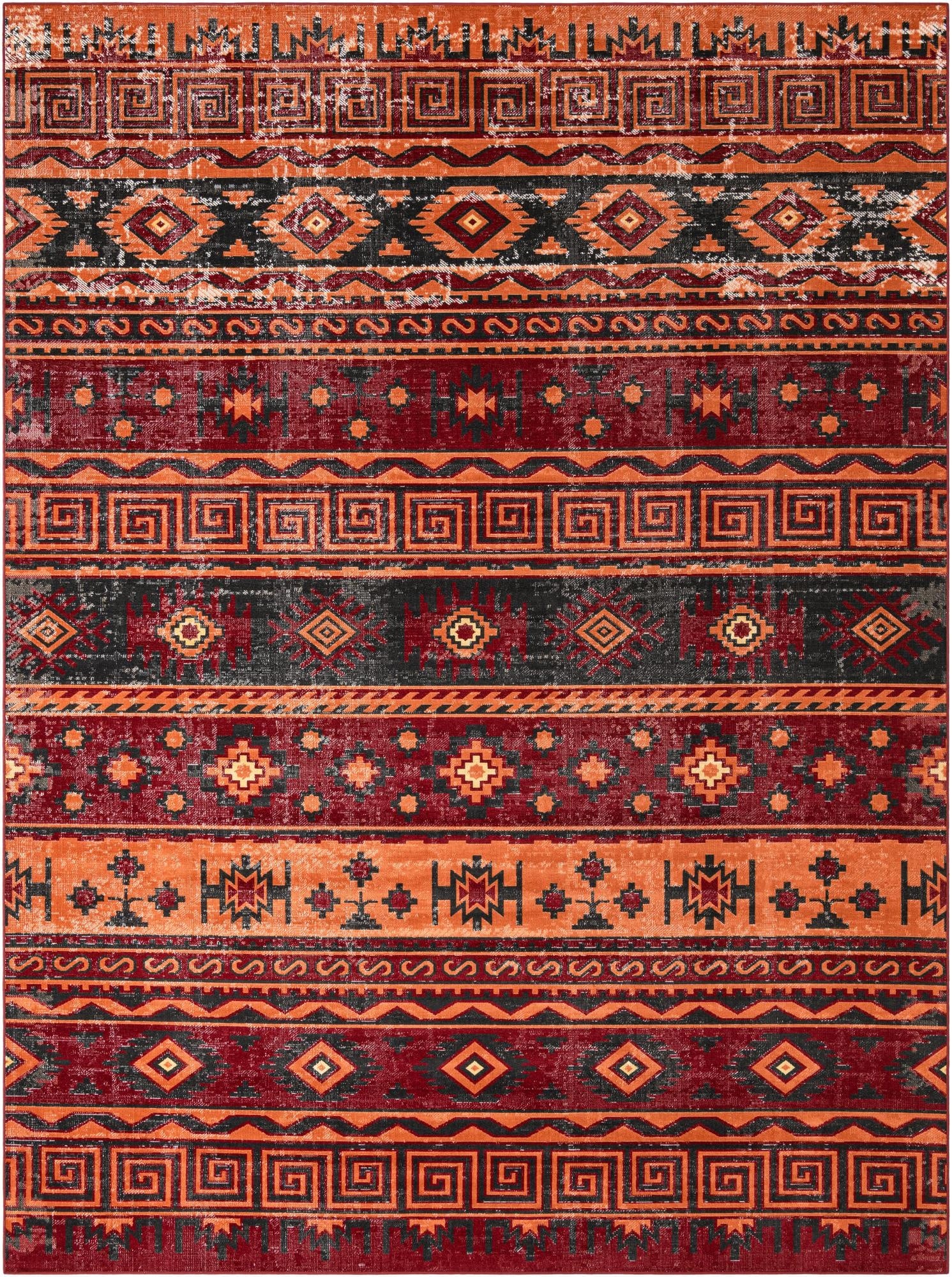 A 10x13 rectangular indoor rug featuring a distressed tribal pattern in shades of orange, red, and charcoal.