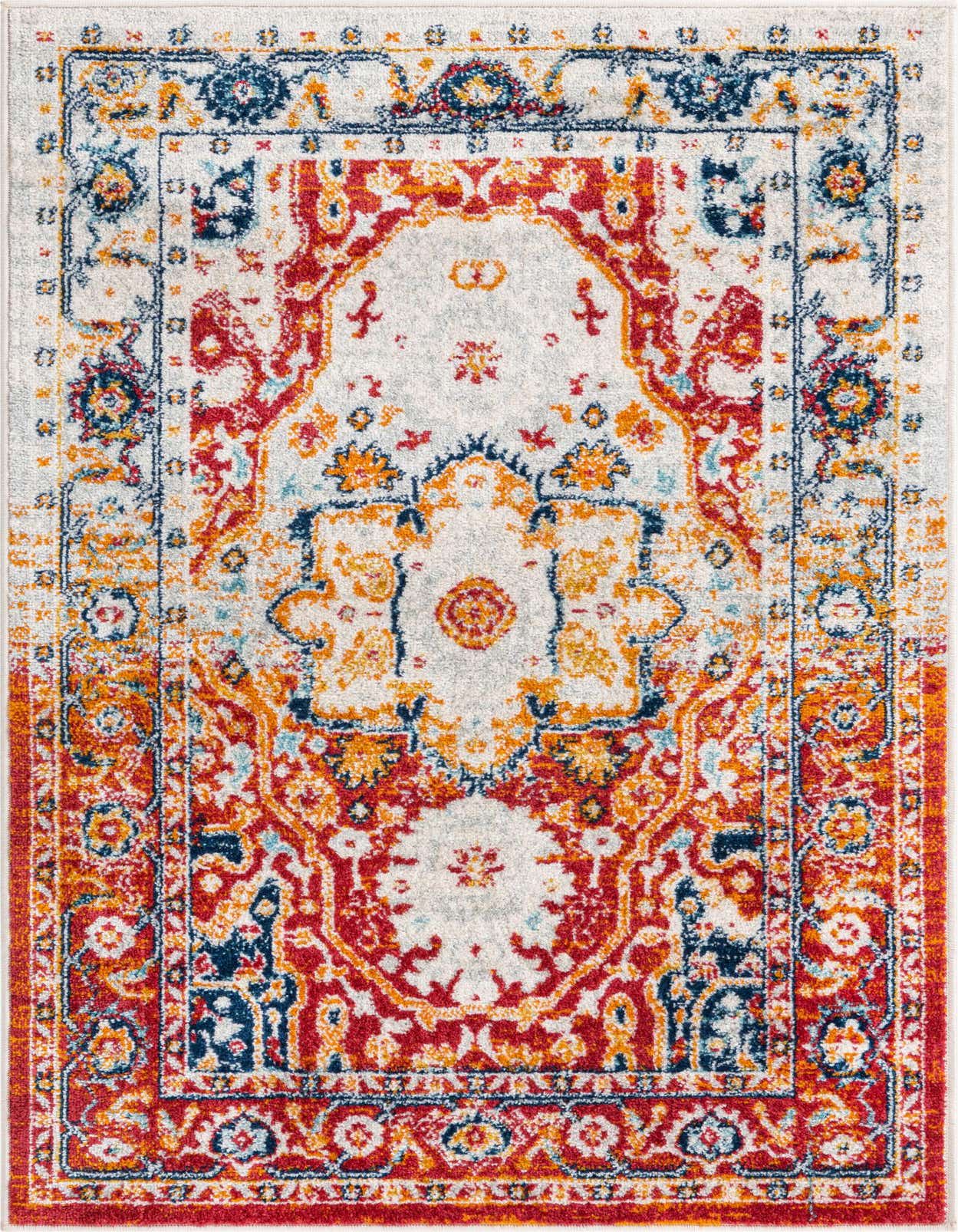 A 3x5 rectangular Madeline Vintage rug featuring a distressed traditional medallion pattern in oranges, reds, and blues on a light background, suitable for a kitchen.