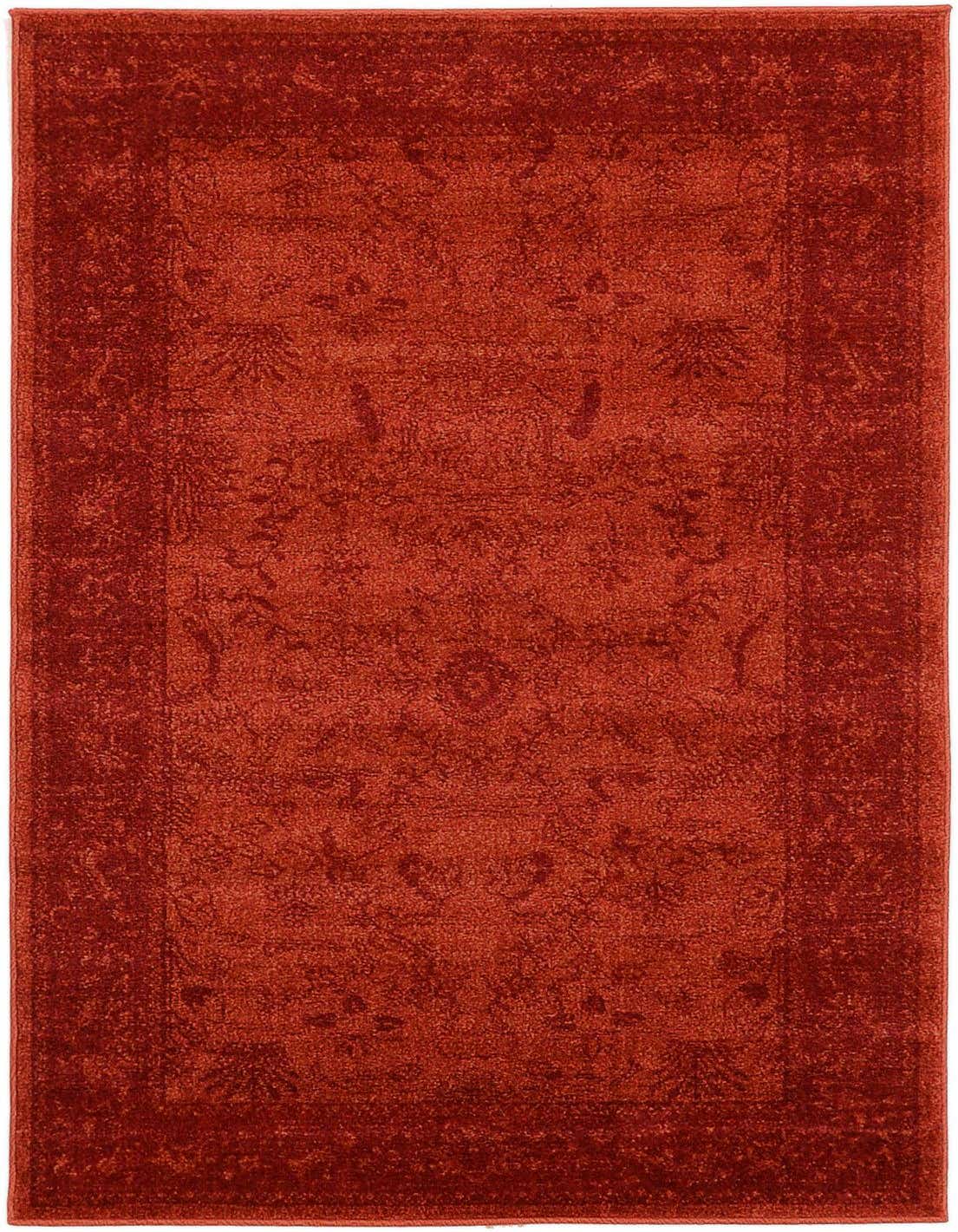 A 3x5 rectangular Miranda rug in shades of orange and red, featuring a subtle traditional botanical pattern and border.