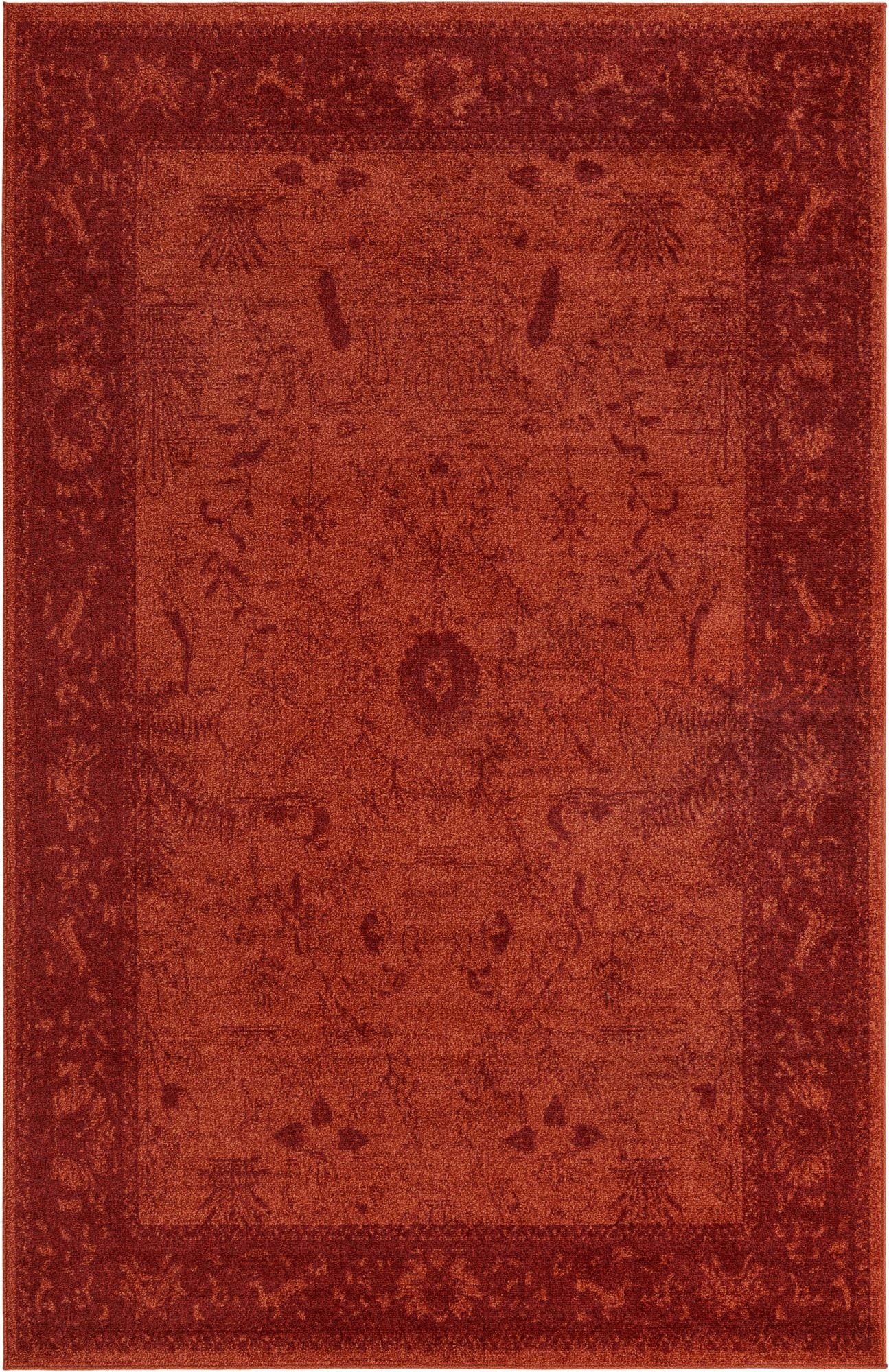 A 6x9 rectangular orange and red traditional area rug with a subtle floral and oriental pattern.
