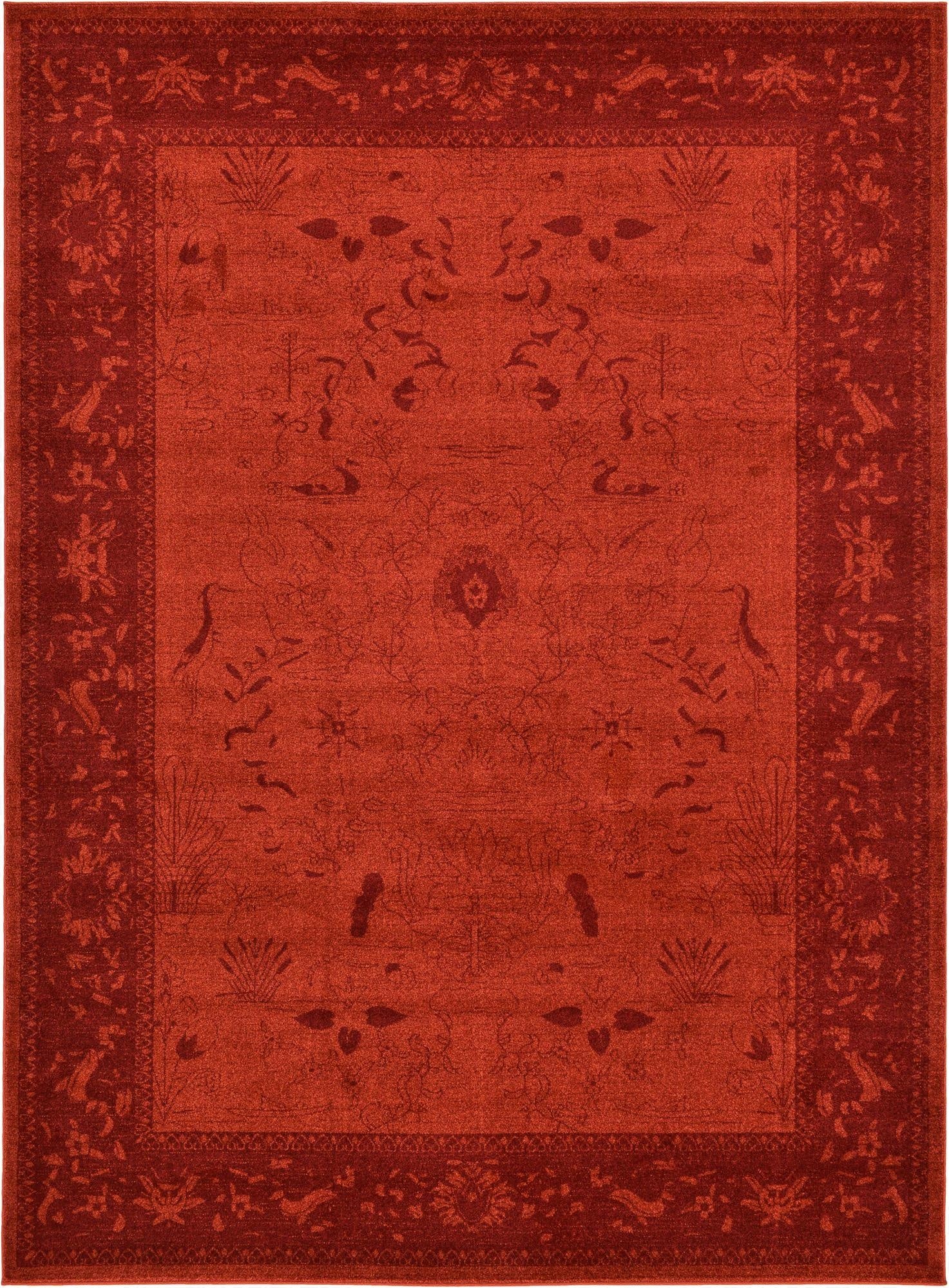 An 8x11 rectangular orange and red traditional rug with botanical and floral patterns, ideal for a living room.