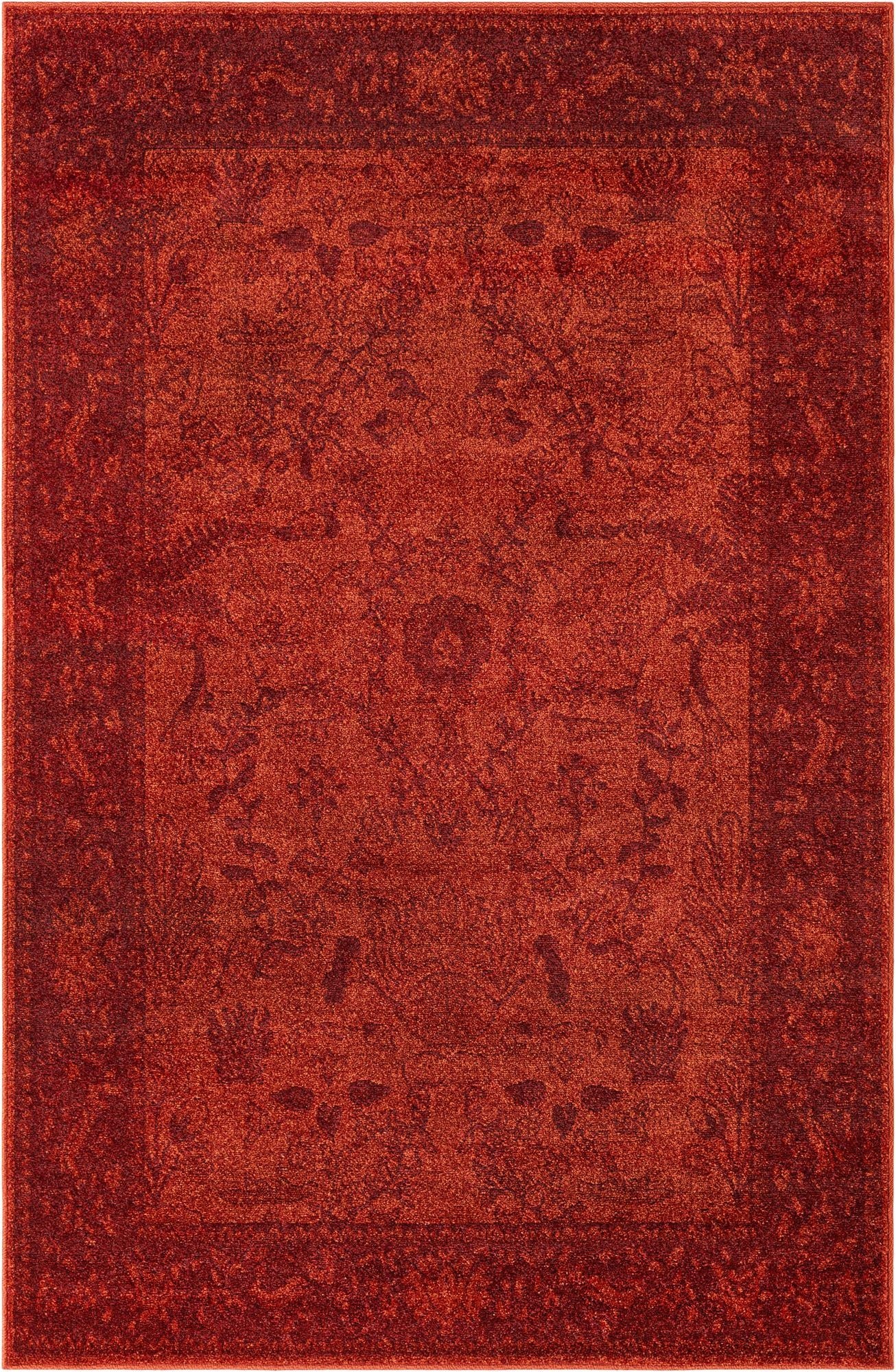 A 5x8 rectangular orange and red traditional area rug with a subtle botanical pattern and border.