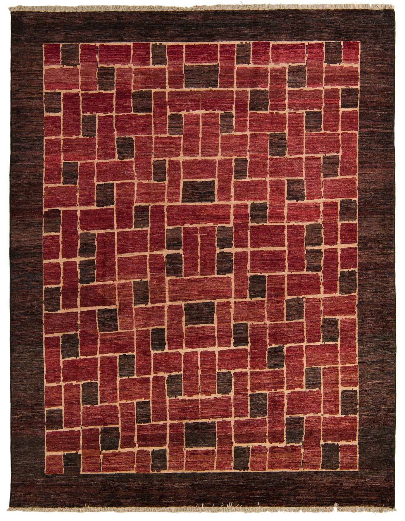 A 7x10 rectangular Modern Ziegler rug featuring a geometric pattern of red and orange blocks with dark brown accents, framed by a solid dark brown border.