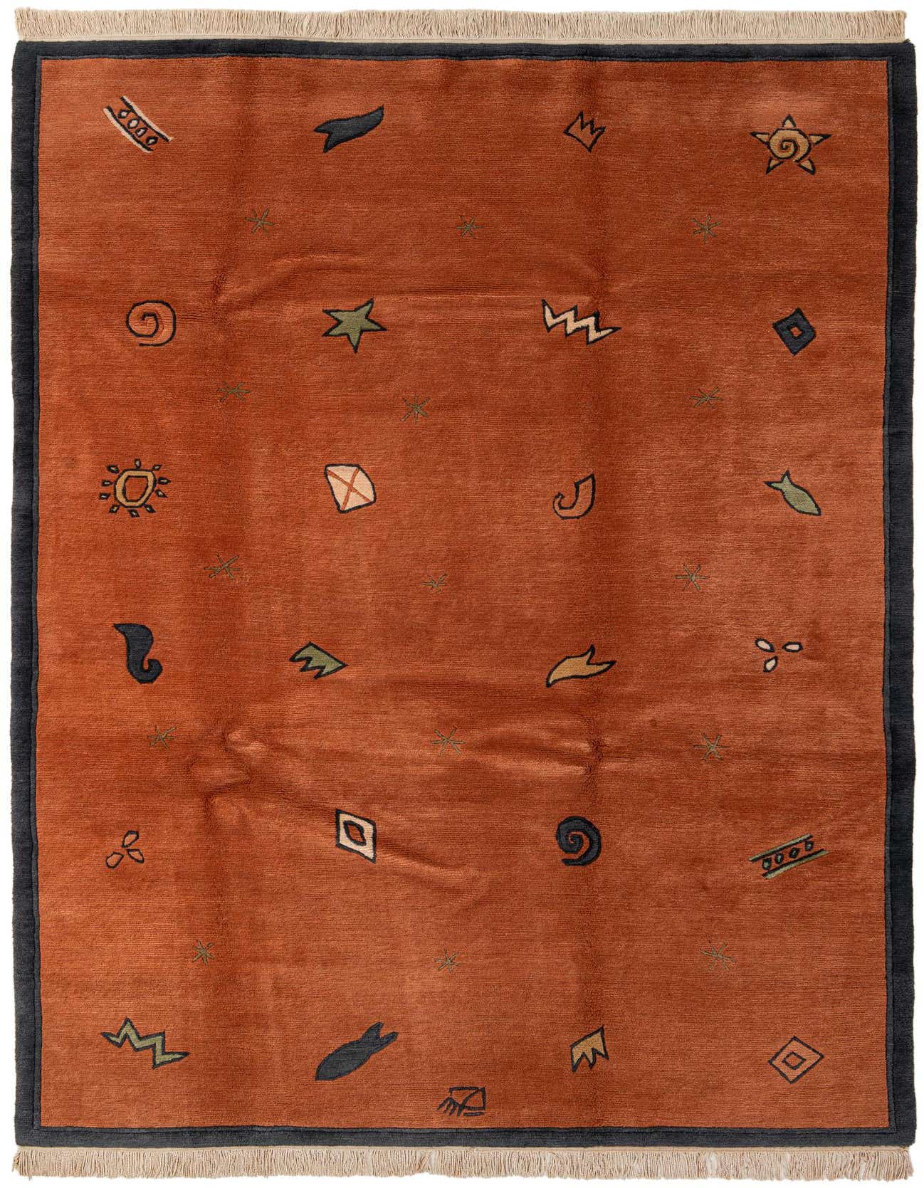 A 7x10 rectangular orange wool rug with a modern abstract pattern of various colorful shapes and a dark border, suitable for a living room.