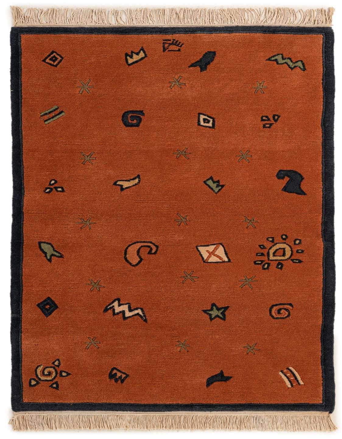 A 3x5 rectangular orange wool rug with a dark border and scattered modern oriental symbols in various colors, featuring fringe.