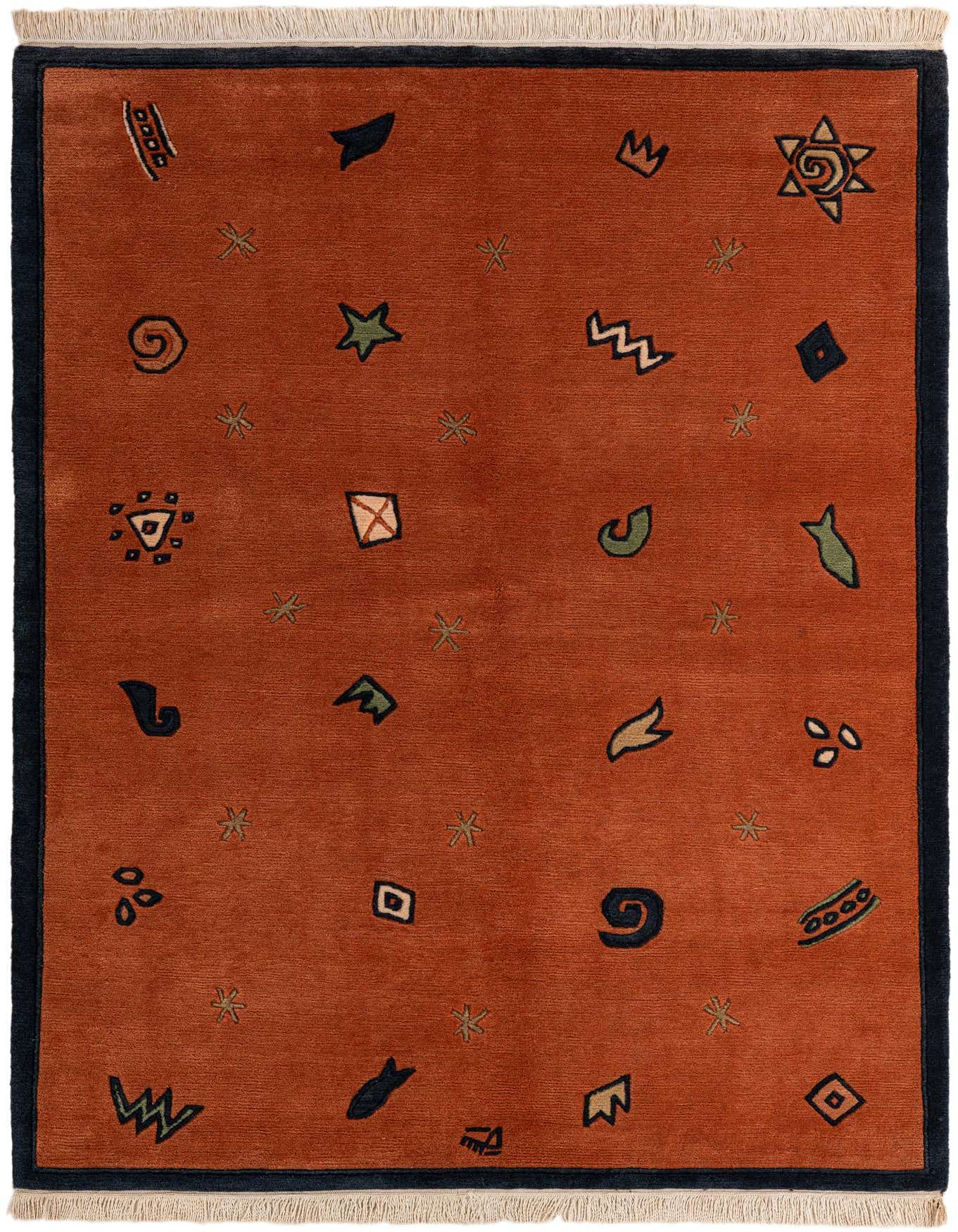A 5x7 rectangular orange wool rug with a dark blue border and playful, colorful abstract shapes scattered across its surface.