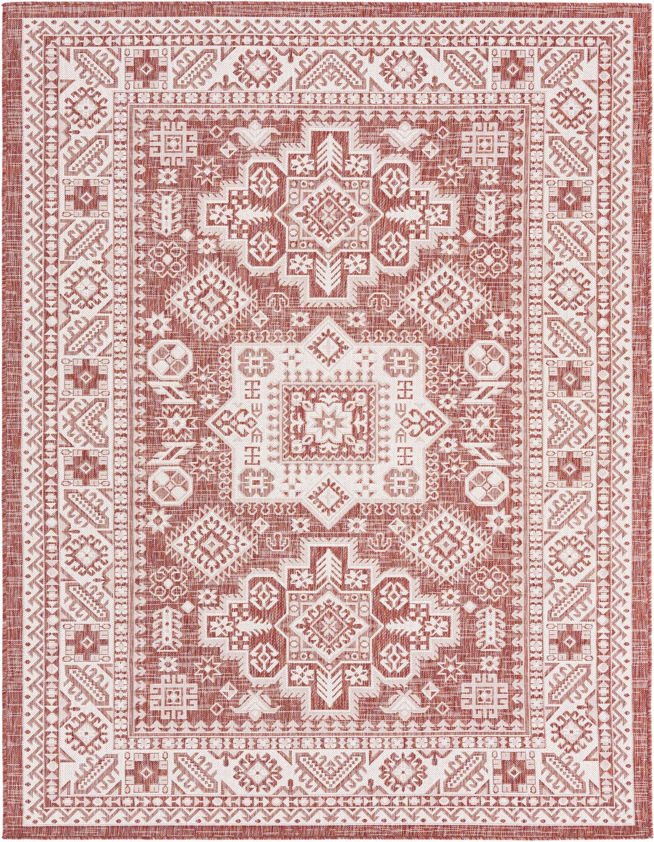 A 6x9 rectangular Southwestern rug in shades of orange and red with intricate tribal patterns, suitable for indoor or outdoor use.