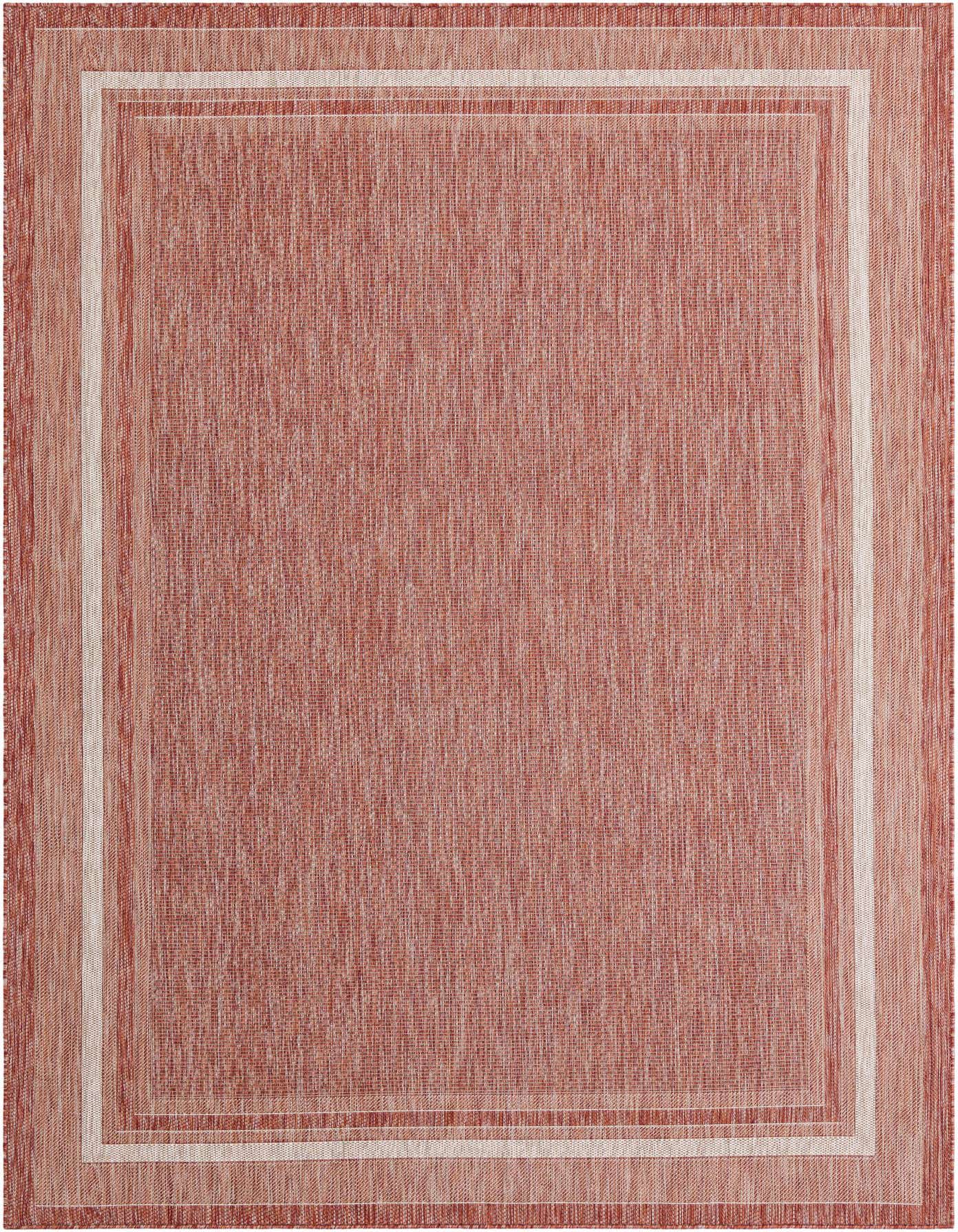 A rectangular 8x11 Rugs.com Outdoor Border rug in shades of orange and red with a subtle striped border, suitable for indoor or outdoor spaces.