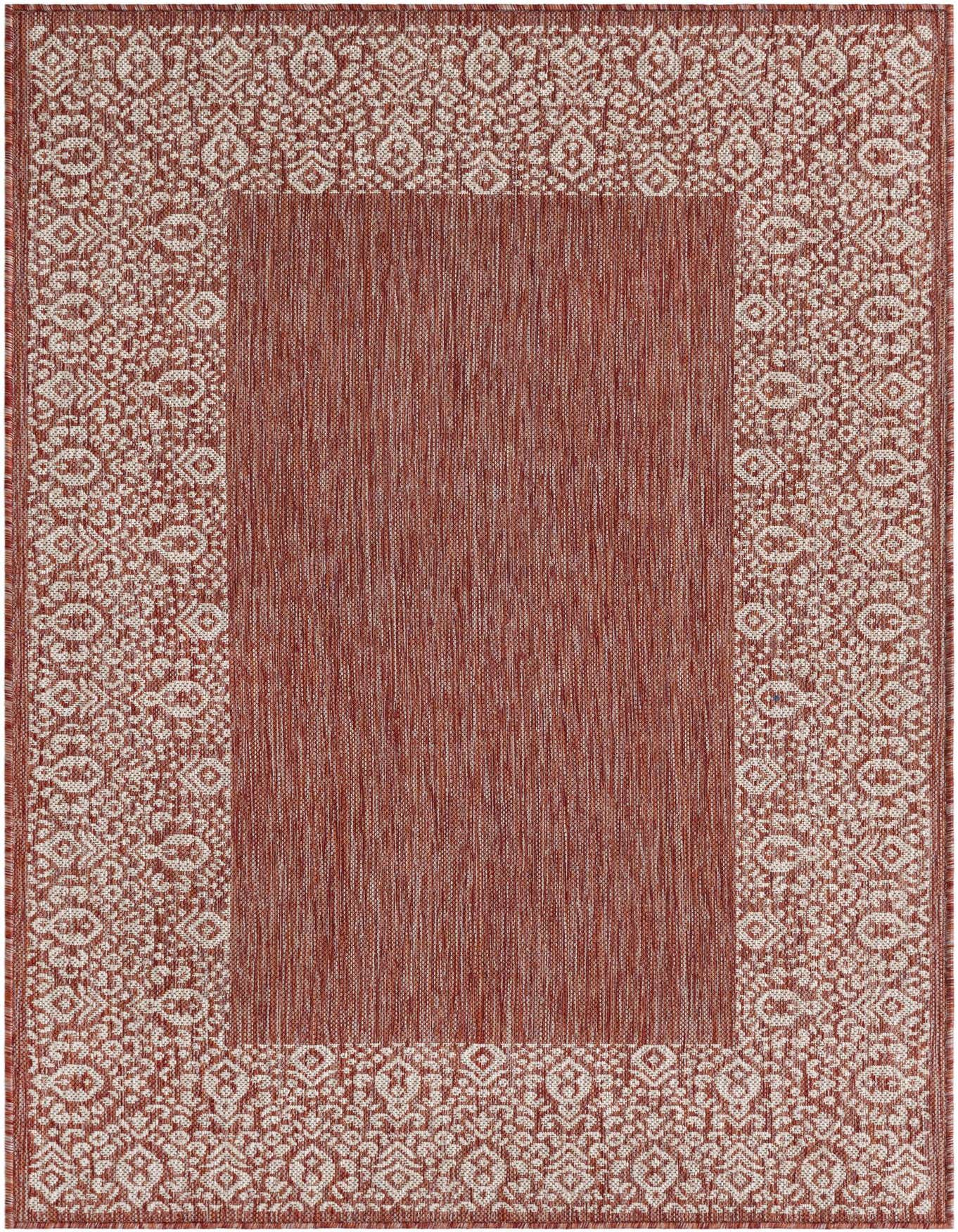 A 4x6 rectangular indoor/outdoor rug featuring a solid burnt orange center with a cream and orange patterned border.