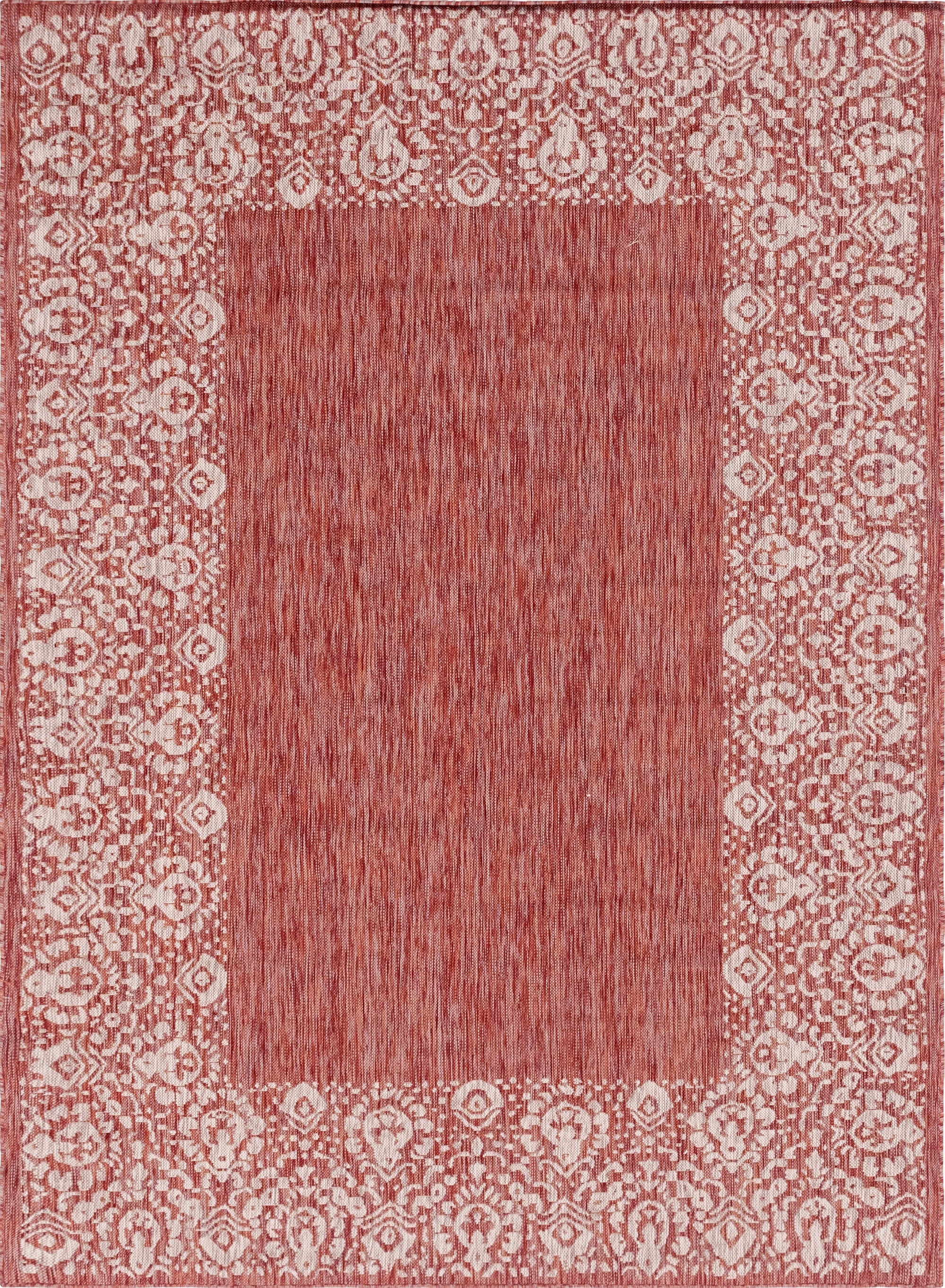 A 7x10 rectangular indoor/outdoor rug featuring a solid red-orange center with a cream traditional botanical border.