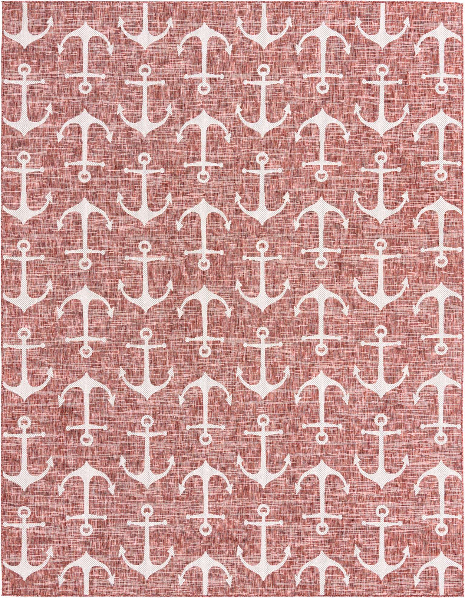 A 10x13 rectangular indoor/outdoor rug with a repeating white anchor pattern on a textured terracotta orange background.