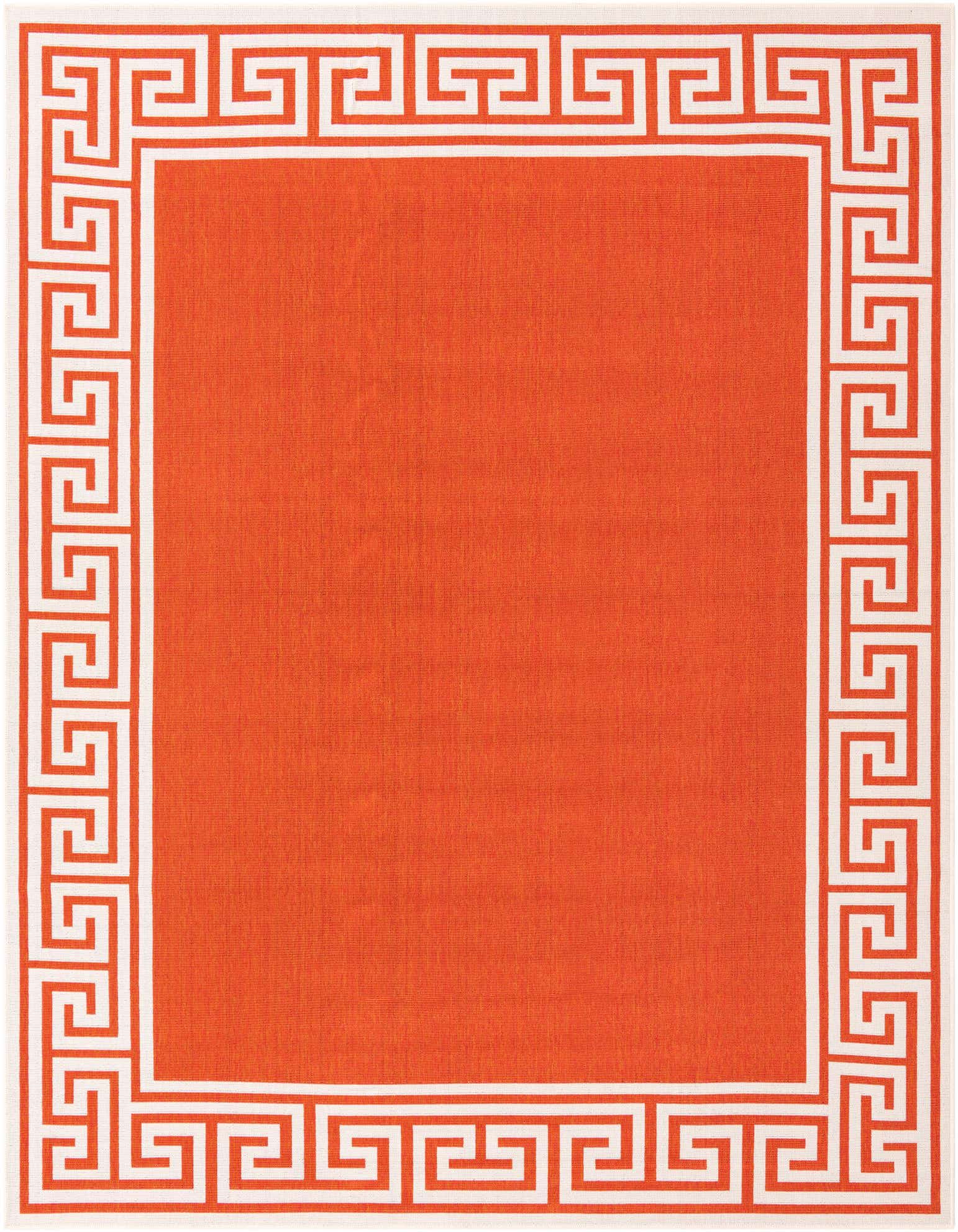 A vibrant 8x10 rectangular orange rug with a bold white Greek key border, suitable for indoor or outdoor use.