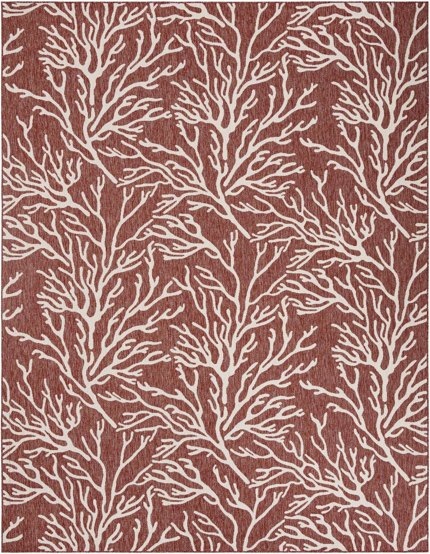 A 10x14 rectangular indoor/outdoor rug with a modern coastal coral pattern in white against a textured terracotta orange background.