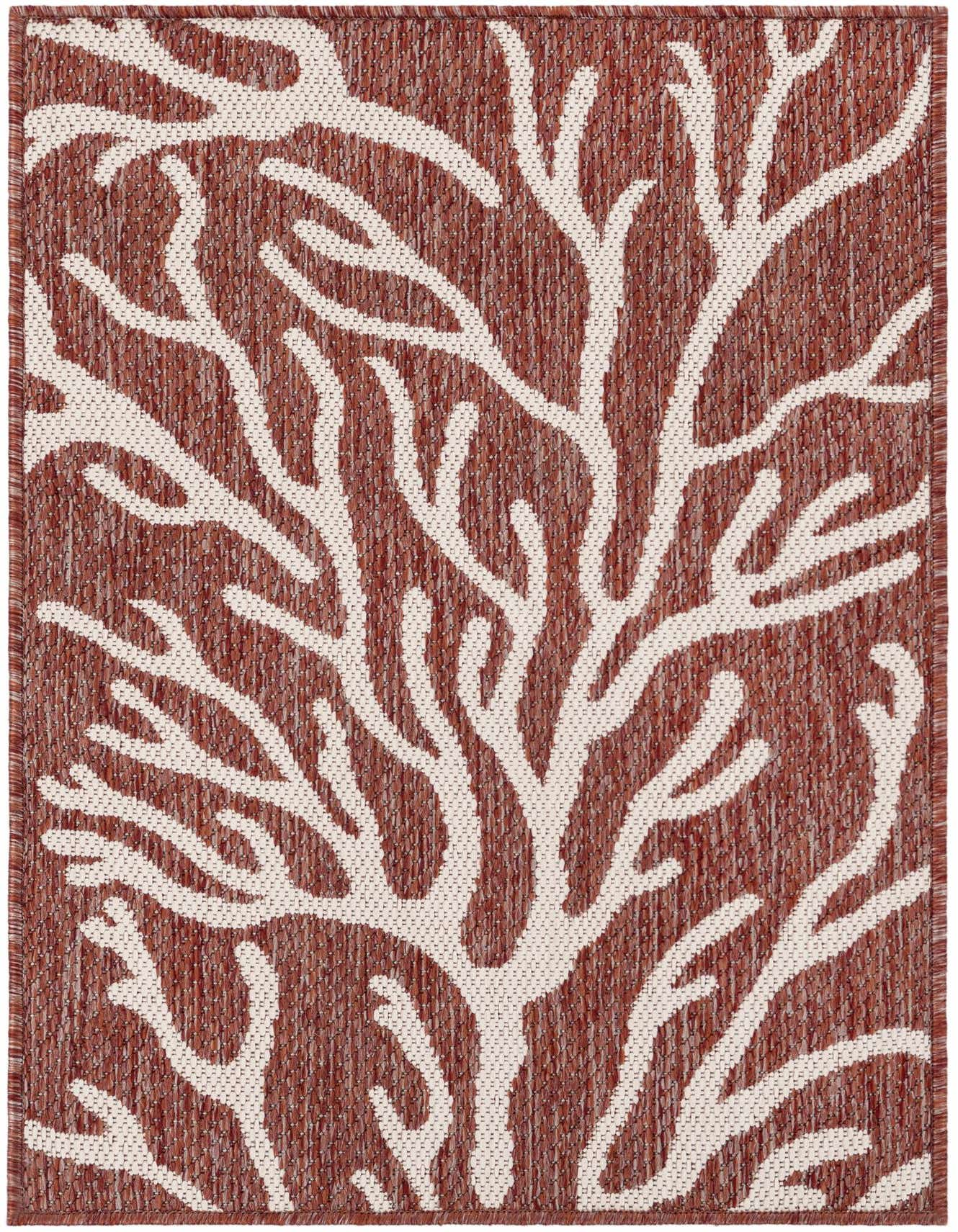 A 2x3 rectangular indoor/outdoor rug with a modern coral pattern in burnt orange and off-white, ideal for a patio or entryway.