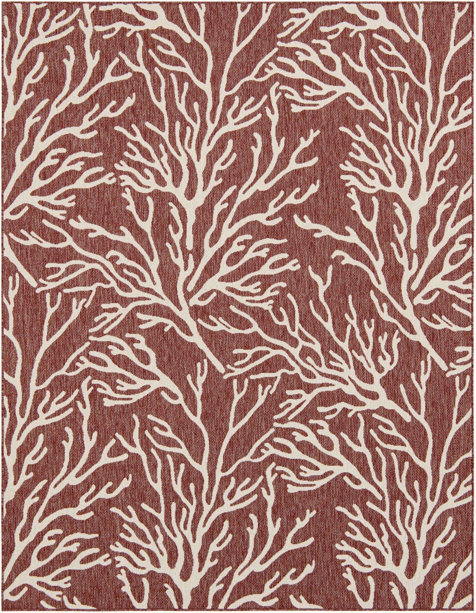 An 8x10 rectangular indoor/outdoor rug featuring a modern coastal coral branch pattern in off-white on a textured orange-red background.