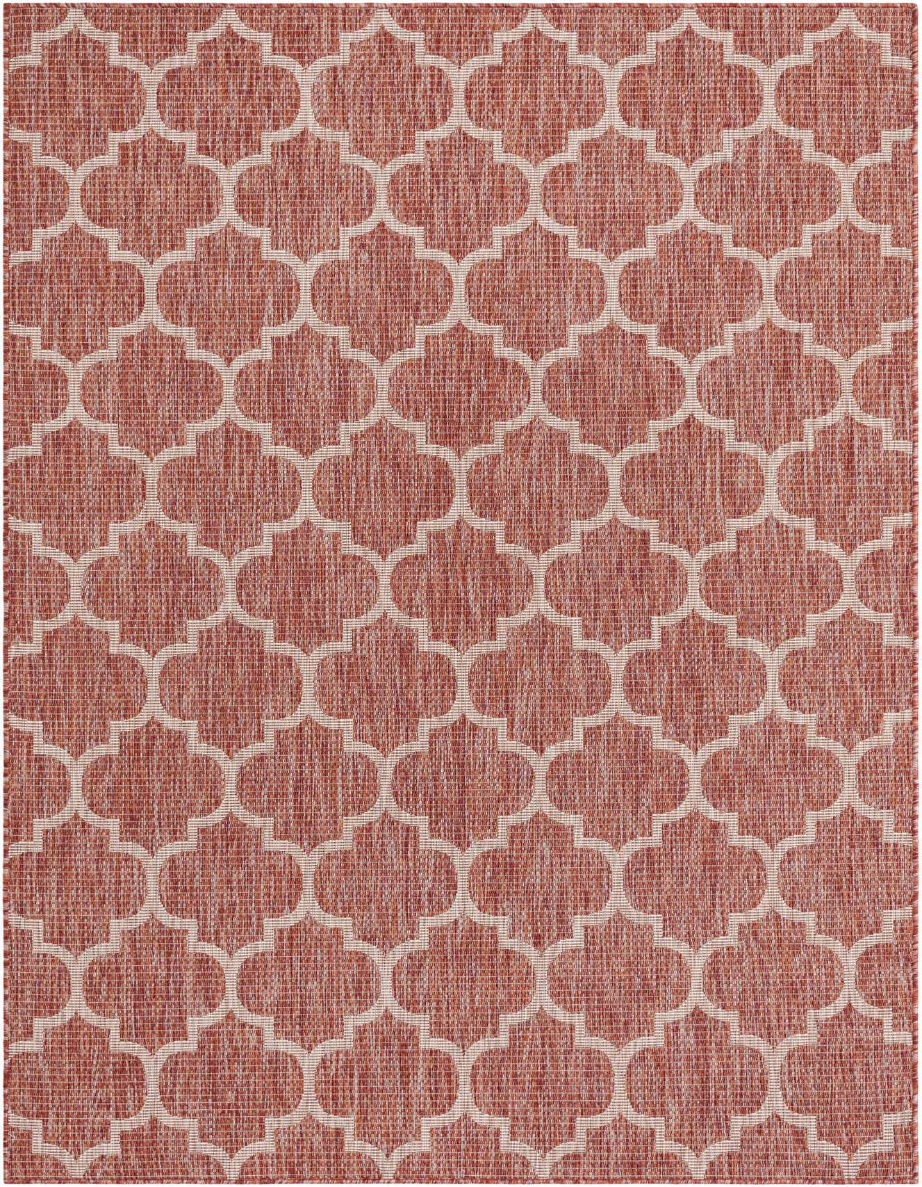 A 6x9 rectangular indoor/outdoor rug featuring a repeating light orange trellis pattern on a textured red-orange background.