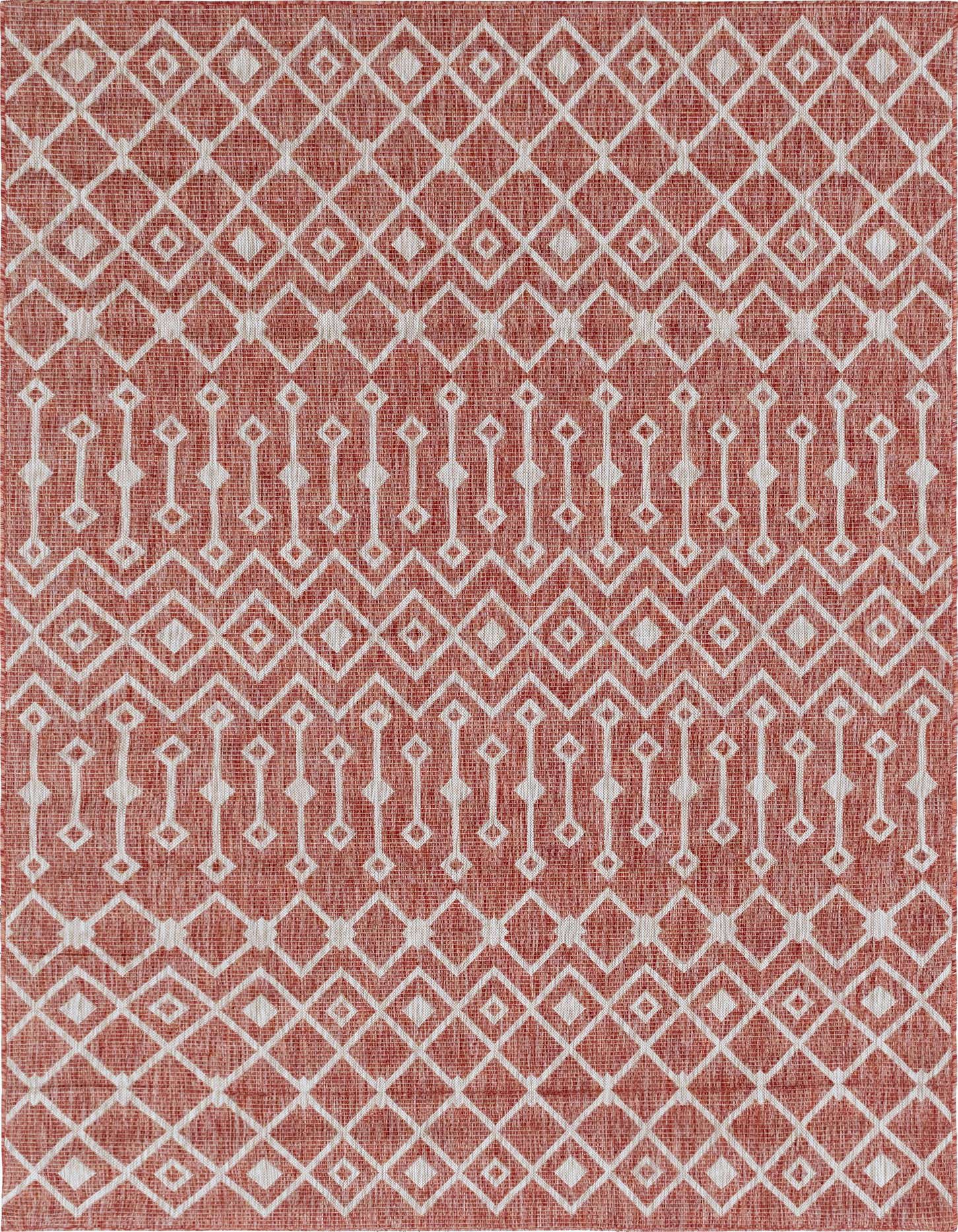 A 7x10 rectangular orange and red tribal rug with a modern geometric lattice pattern, suitable for indoor or outdoor use.