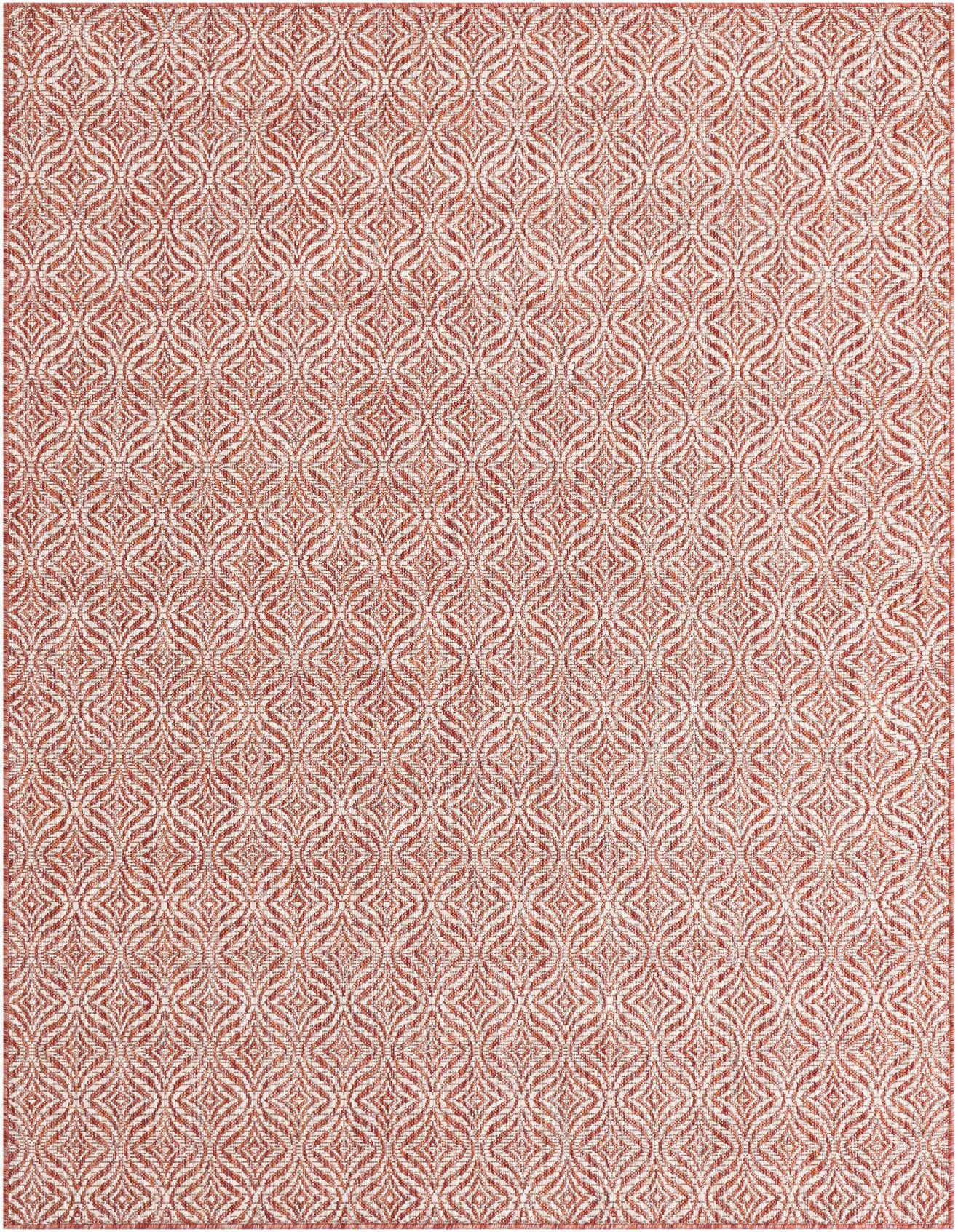 A 5x8 rectangular indoor/outdoor rug featuring a repeating trellis pattern in shades of orange and red.