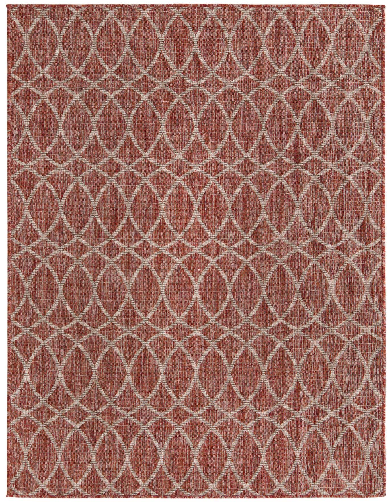 A 4x6 rectangular indoor/outdoor rug featuring a modern trellis pattern in shades of orange and red.