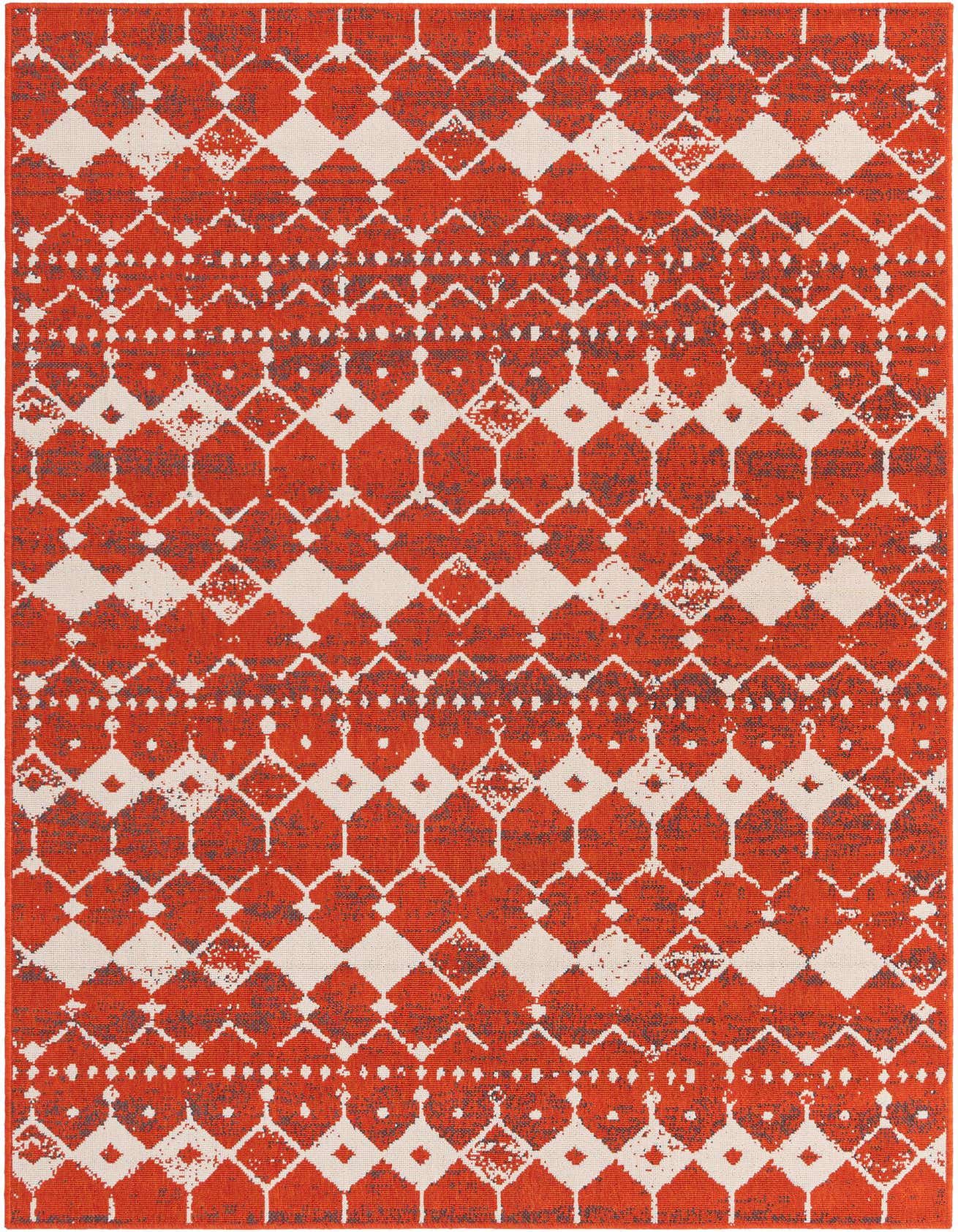 A 5x8 rectangular indoor/outdoor rug featuring a distressed bohemian lattice pattern in shades of orange, red, and off-white.