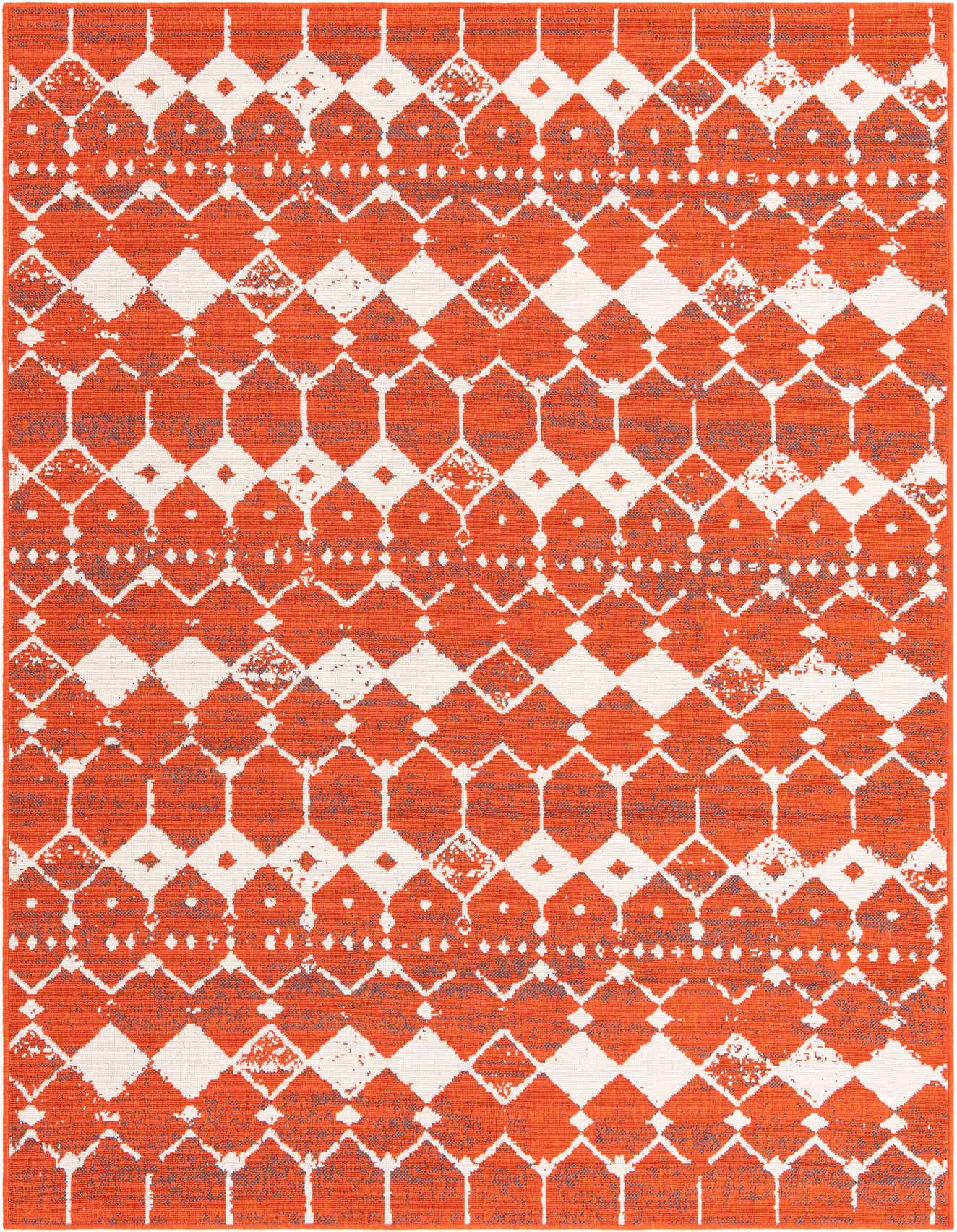A 6x9 rectangular orange and white indoor/outdoor rug with a modern bohemian lattice pattern, ideal for a patio or living room.