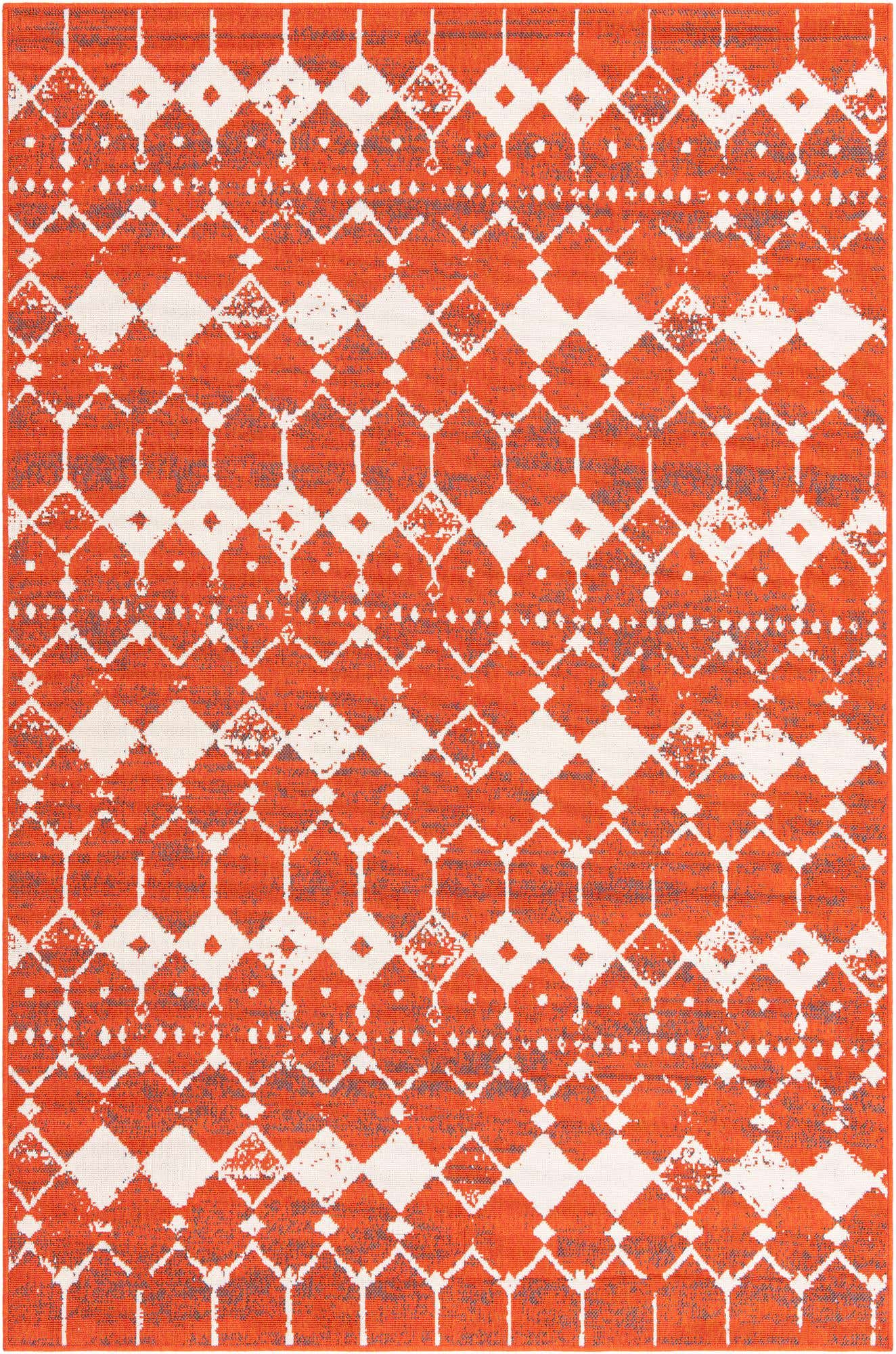 A 6x9 rectangular orange and white indoor/outdoor rug with a modern bohemian lattice pattern, ideal for a patio or living room.