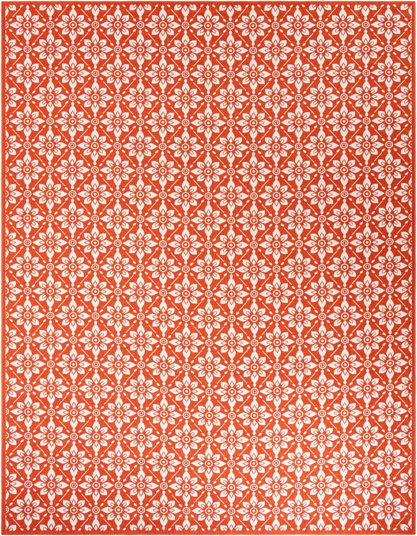 A 10x14 rectangular orange and white modern floral outdoor rug with a flatweave texture.