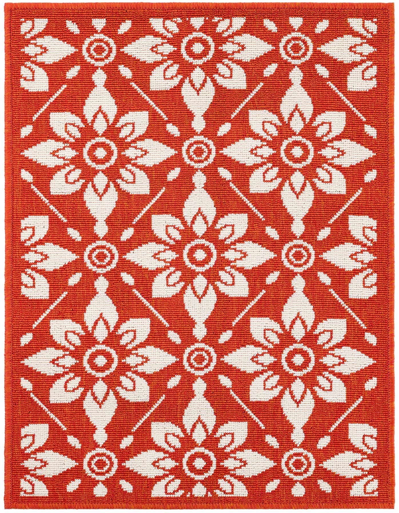 A 2x3 rectangular orange and white modern floral rug with a flatweave texture, suitable for indoor or outdoor use.