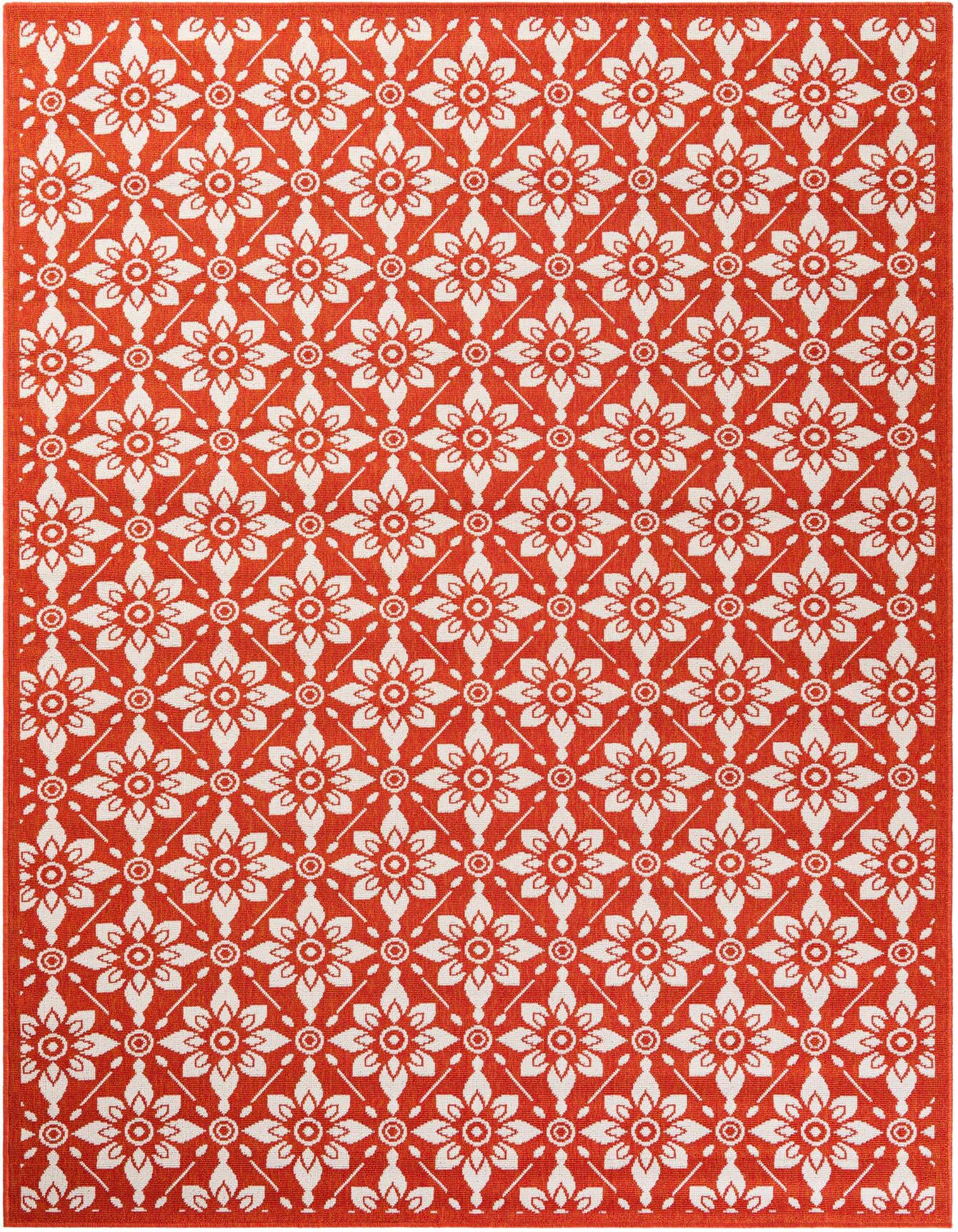 A 6x9 rectangular indoor/outdoor rug featuring a repeating modern floral pattern in vibrant orange and white.