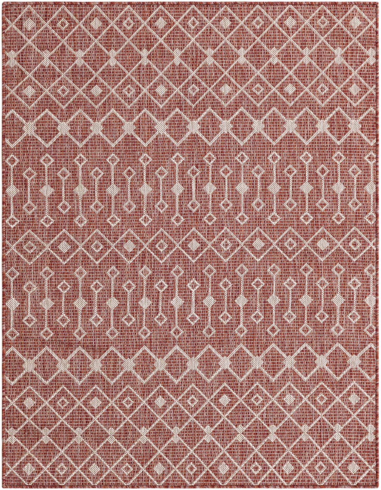A 4x6 rectangular indoor/outdoor rug featuring a modern trellis pattern in shades of orange and red.
