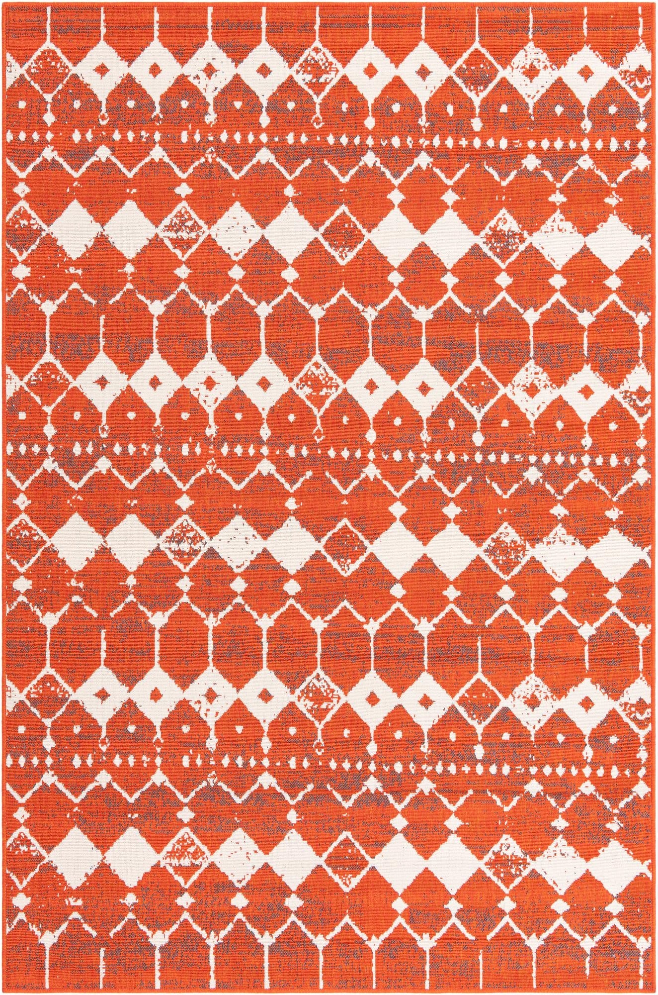 A 6x9 rectangular orange and white indoor/outdoor rug with a modern bohemian lattice pattern, ideal for a patio or living room.