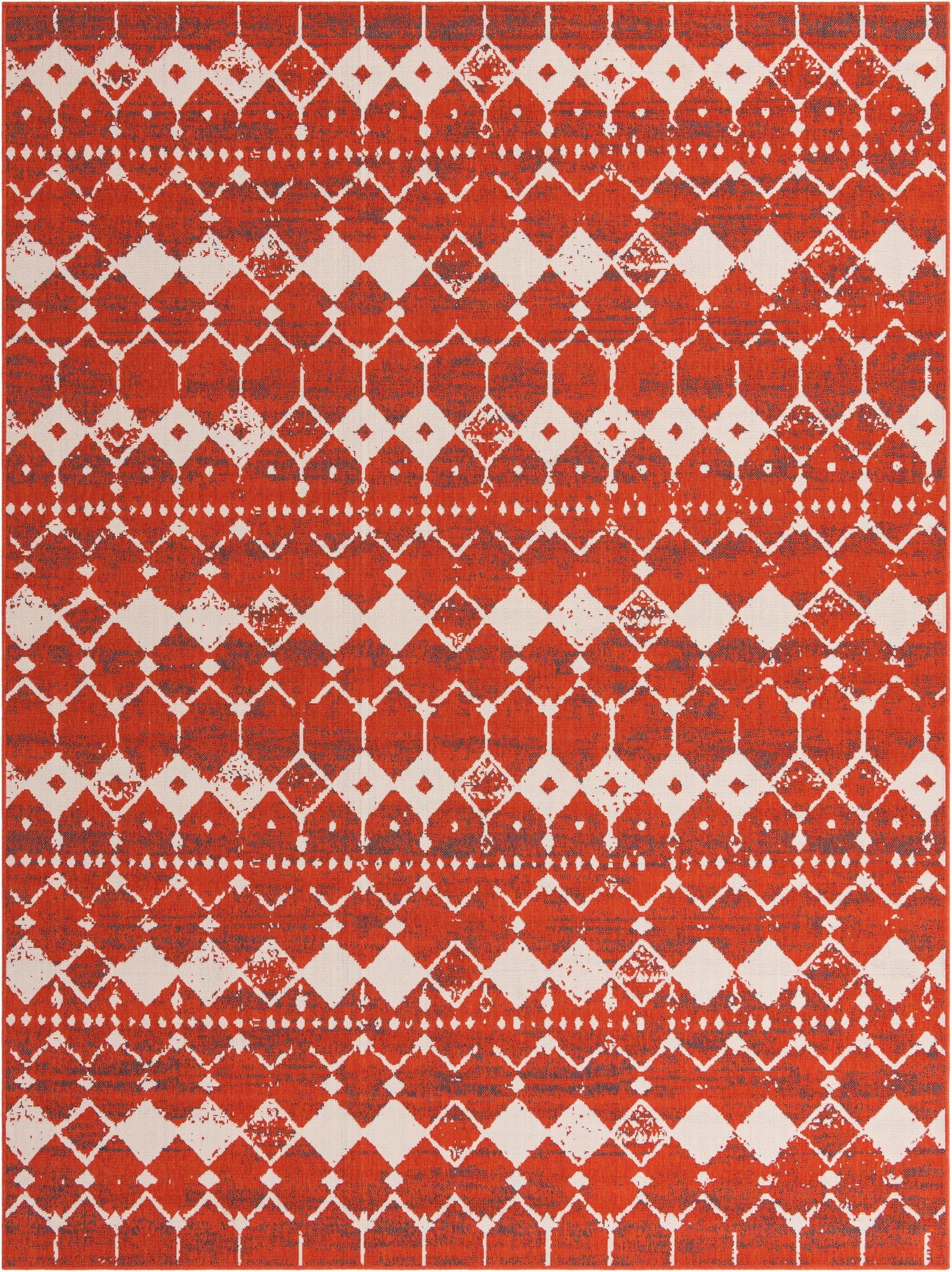 A 9x12 rectangular indoor/outdoor rug featuring an abstract bohemian lattice pattern in distressed orange and off-white.