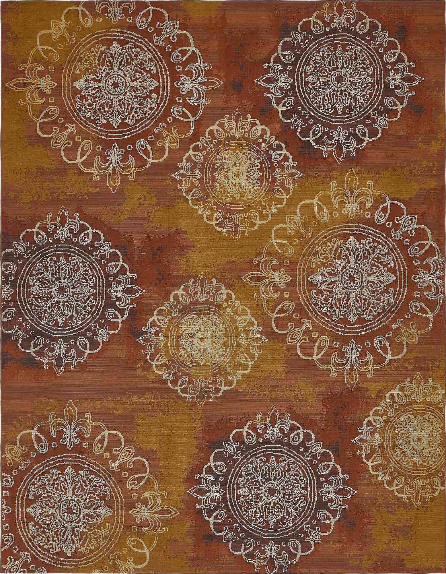 A 10x12 rectangular indoor/outdoor rug featuring an abstract blend of oranges and reds with white medallion and fleur-de-lis patterns.