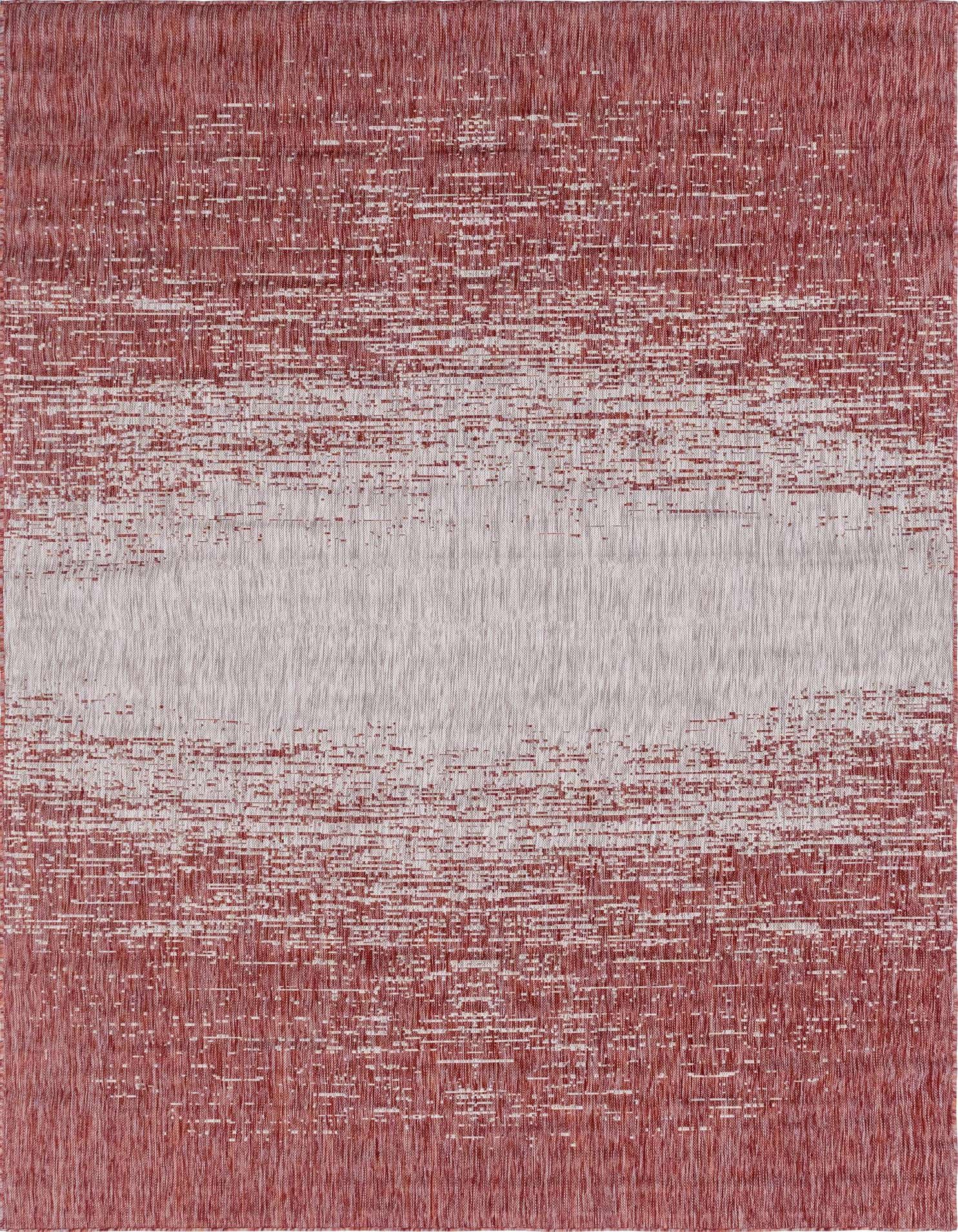 An 8x11 rectangular indoor/outdoor rug with a modern, textured design featuring a blend of red and orange hues with a lighter central horizontal band.